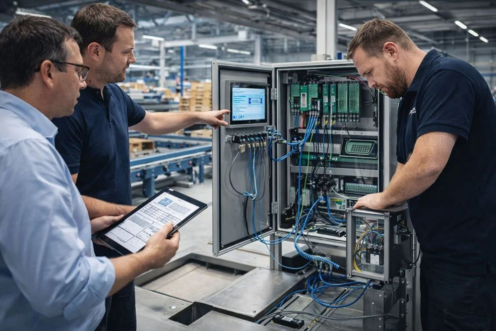 Techniker arbeiten an Schaltschrank für Systemintegration