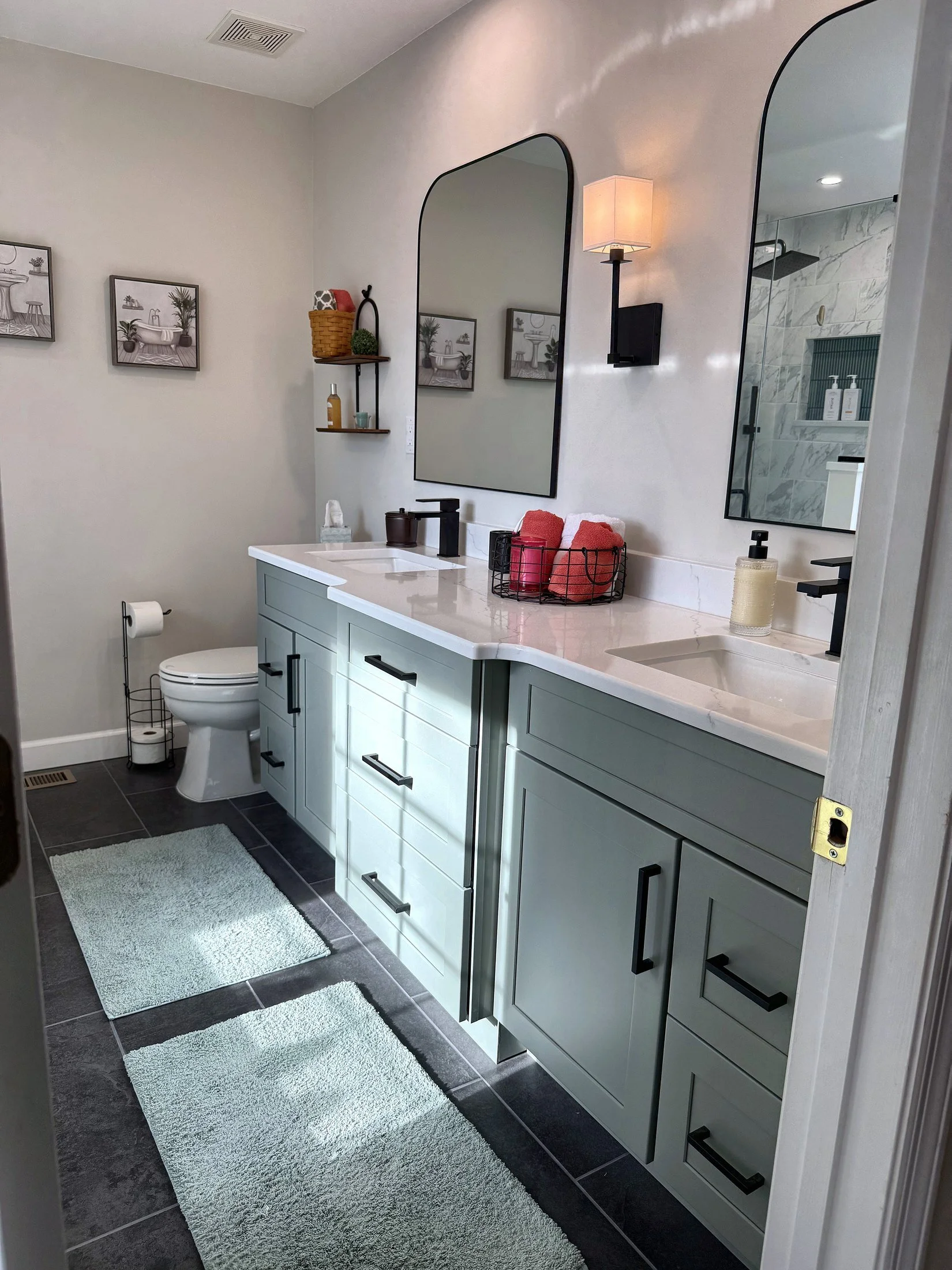 Full vanity wall with painted cabinetry