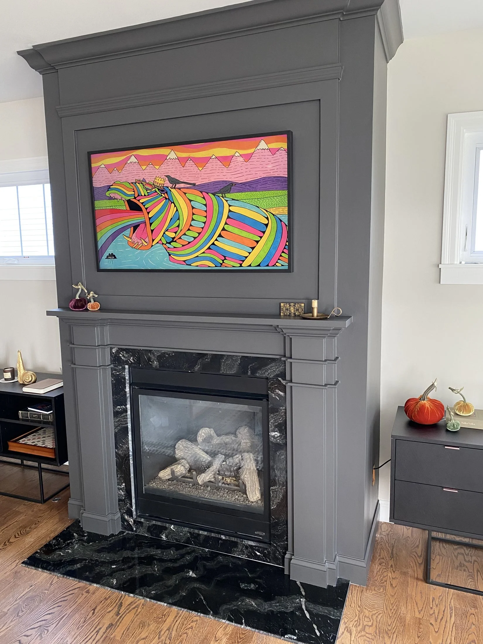 Painted fireplace surround with a full-height overmantel