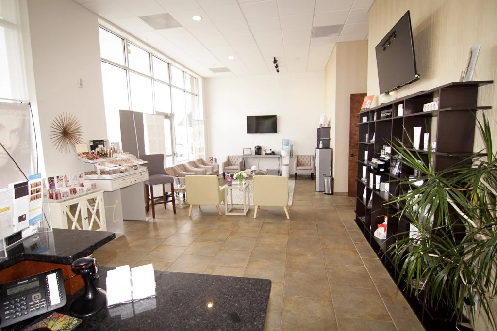Retail area with dark wood shelving
