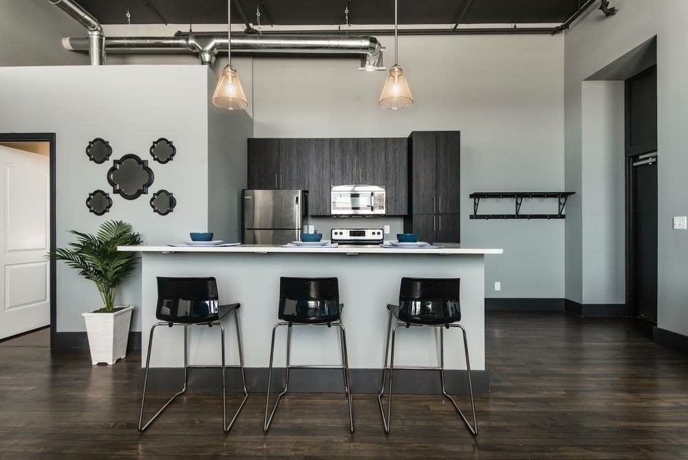 Loft kitchen island with bar seating