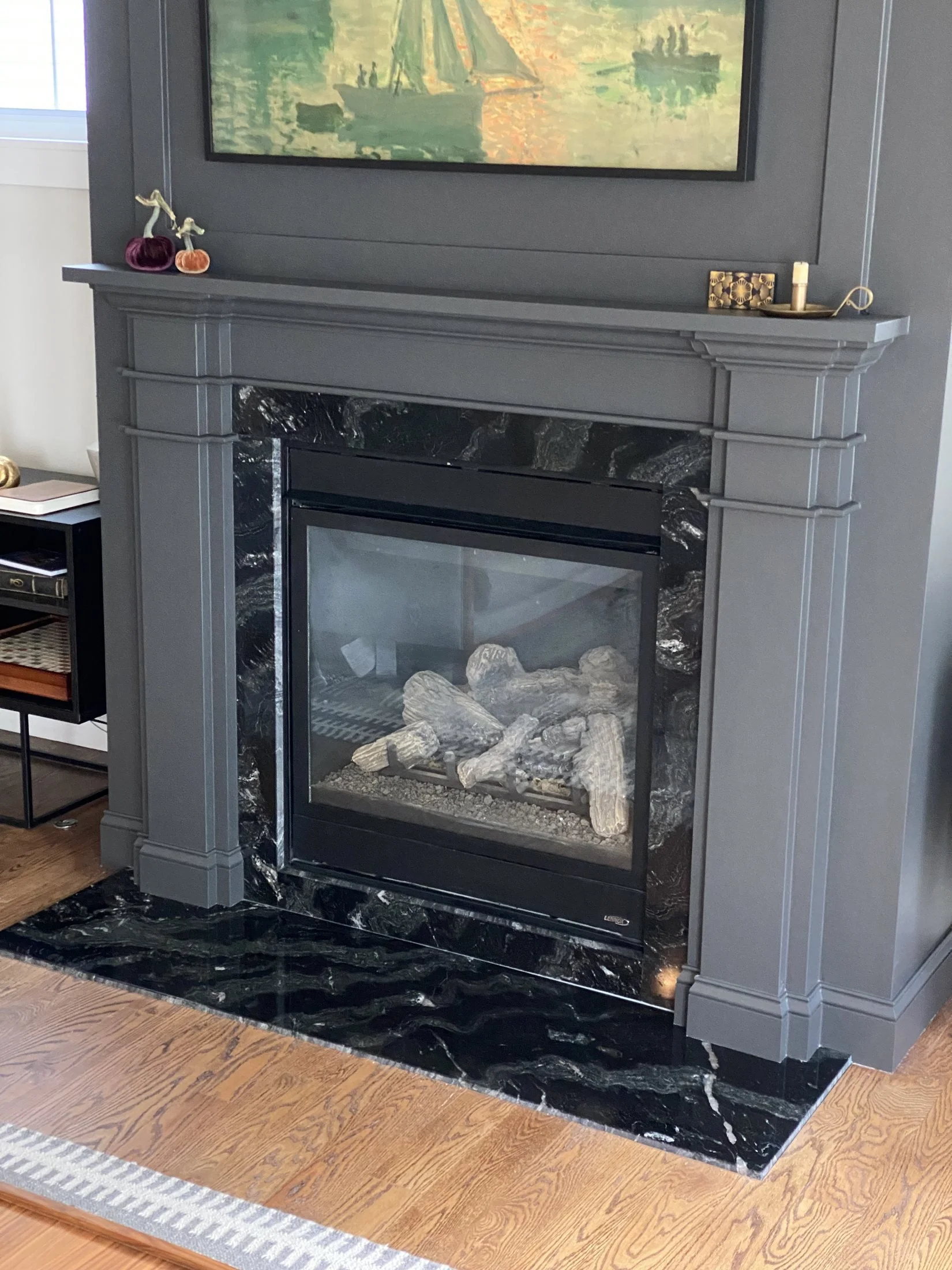 Painted mantel with fluted pilasters
