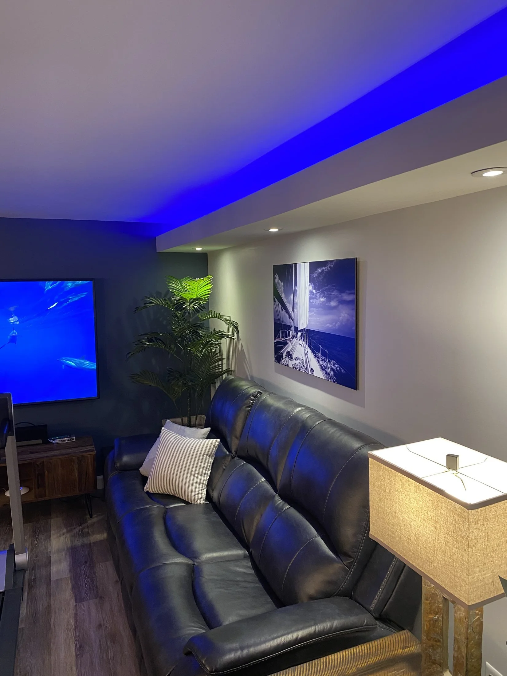 Basement lounge with cove lighting and a leather sectional
