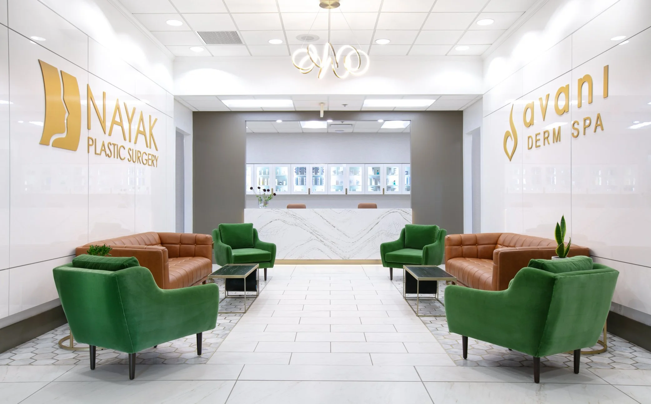 Med spa reception lounge built out with custom finishes