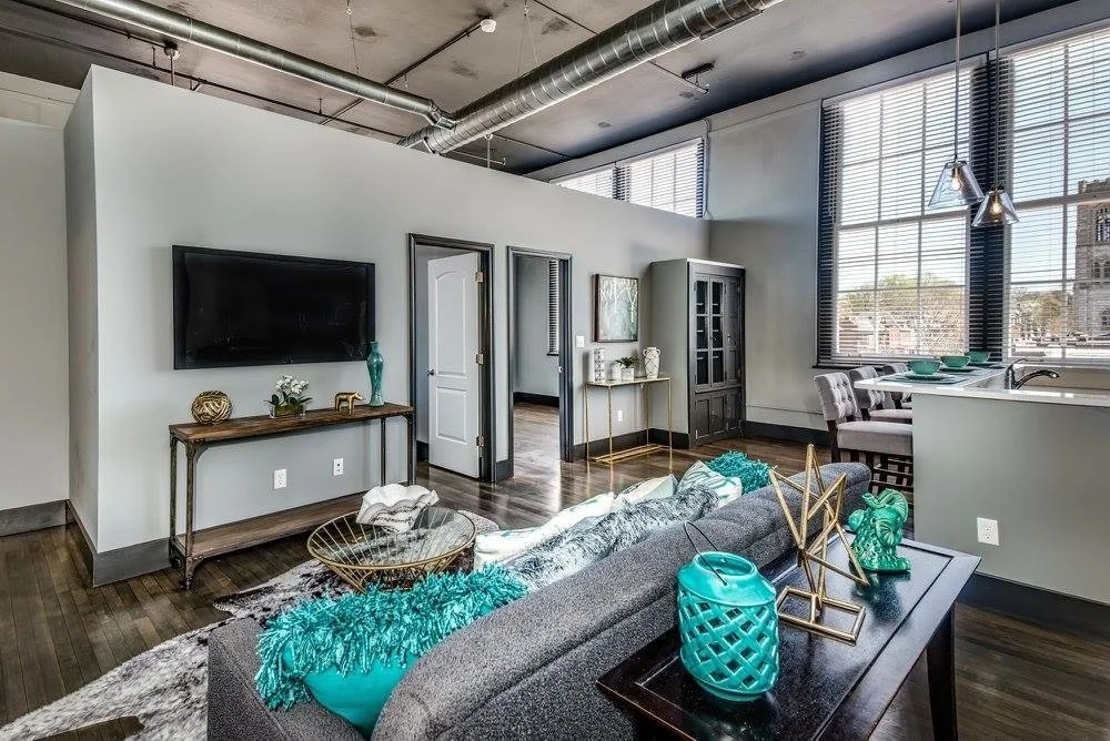 Loft living room with tall windows