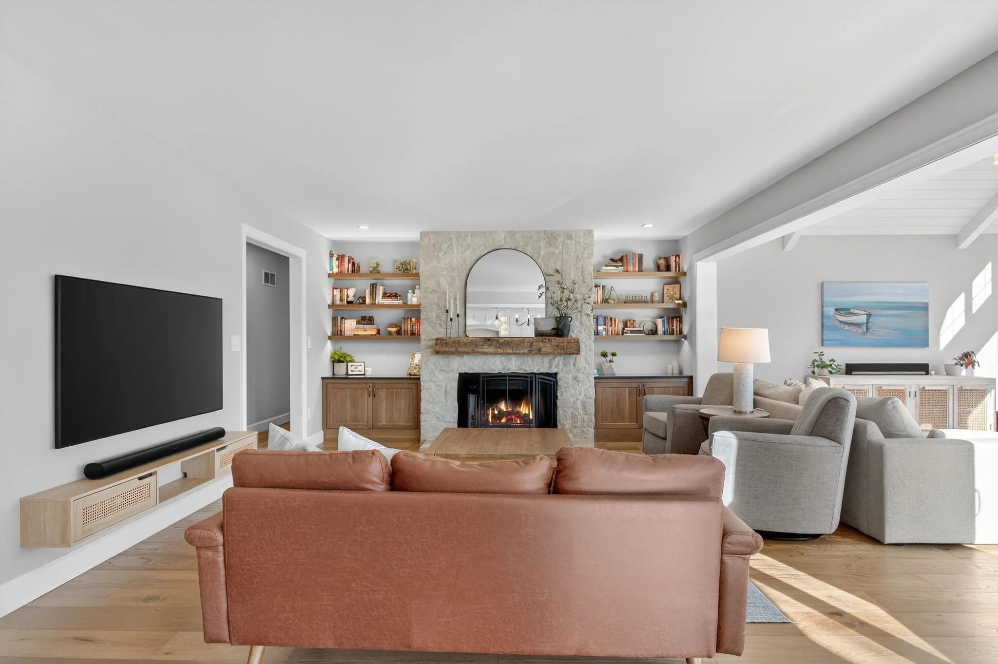 Family room seating facing the fireplace