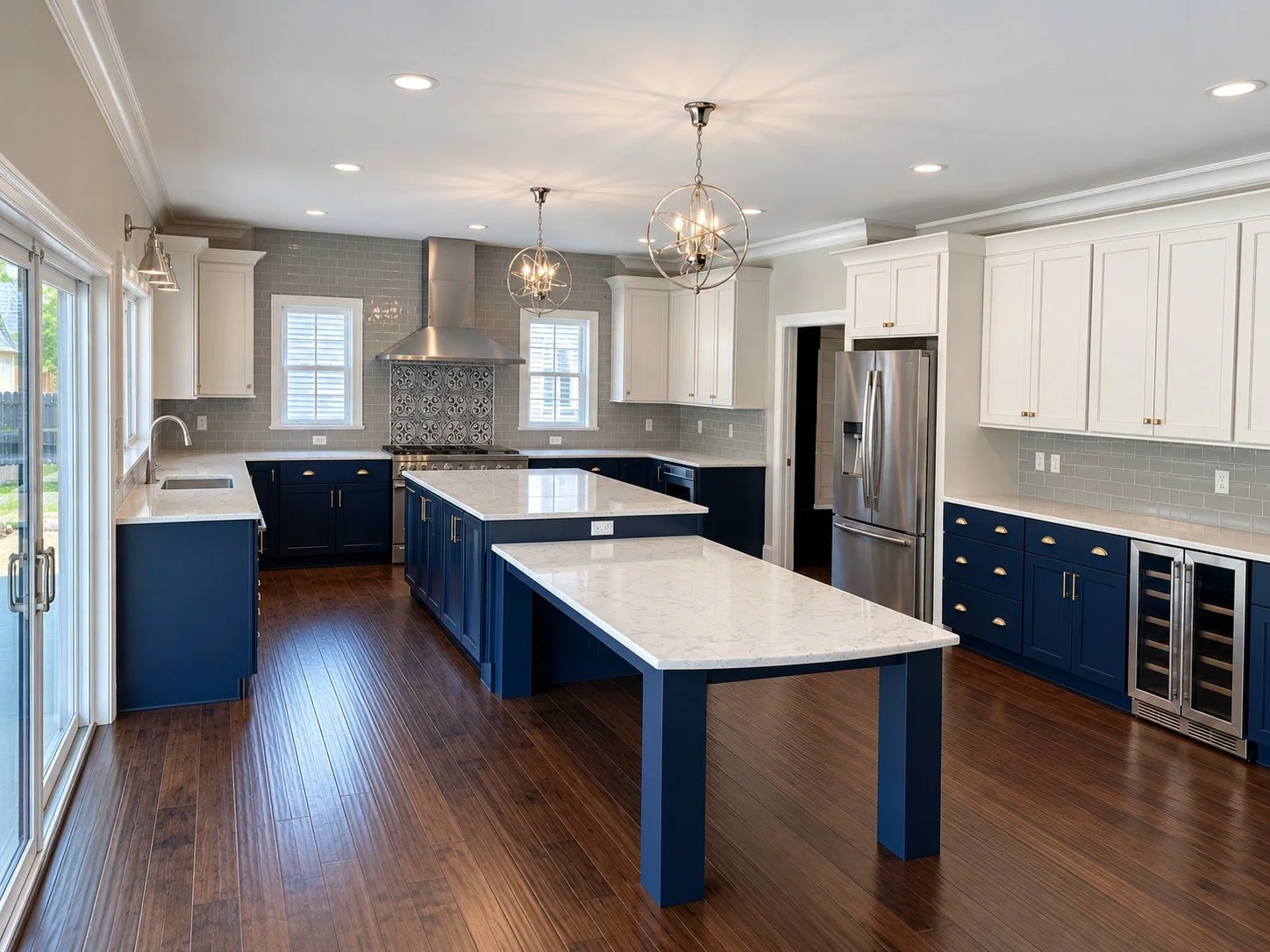Navy and white kitchen with a quartz island and table