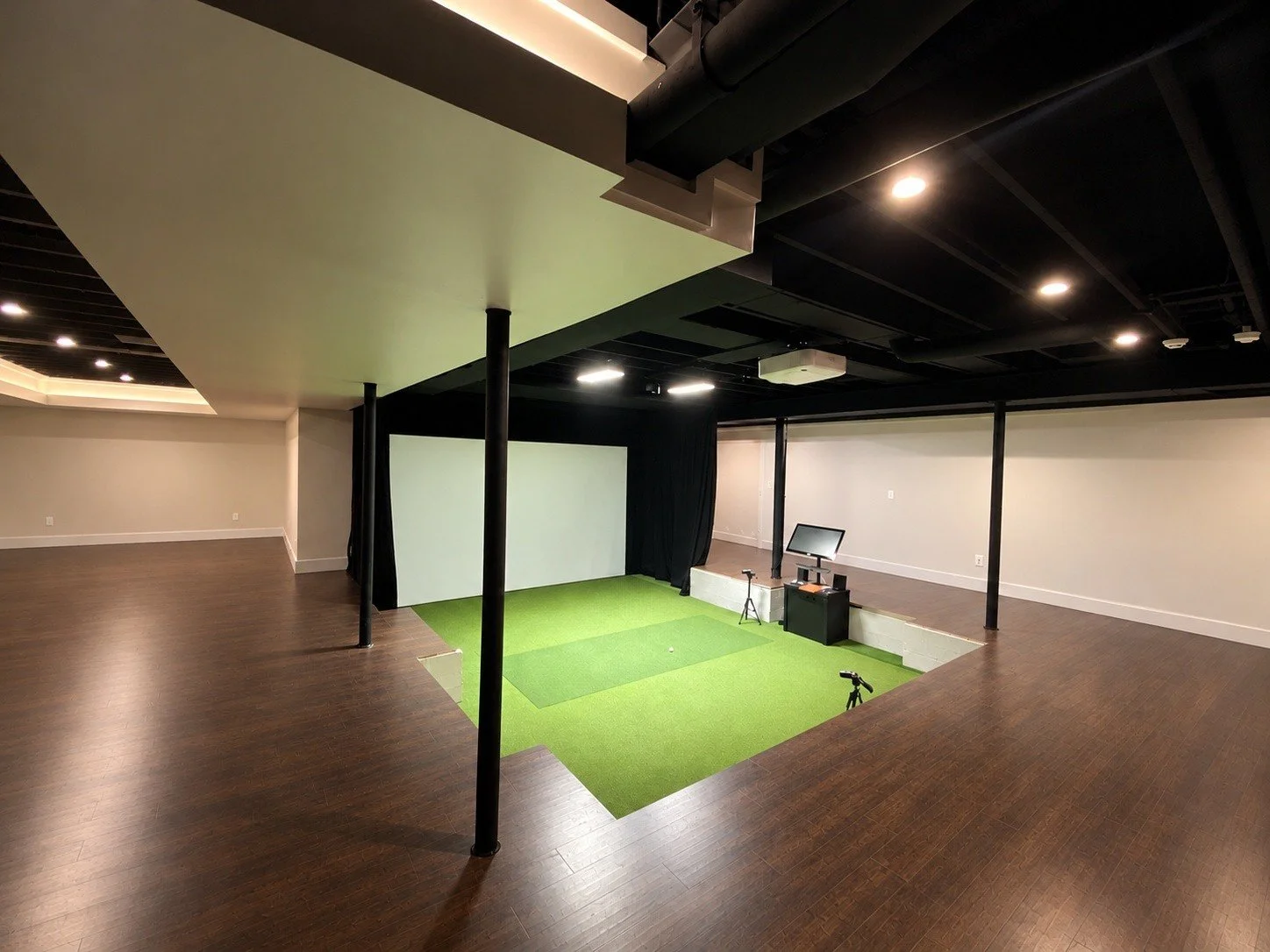 Finished basement with a sunken golf simulator bay, turf, and a black exposed ceiling