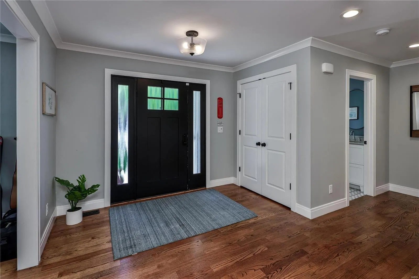 Front entry with a black door and paneled closet doors