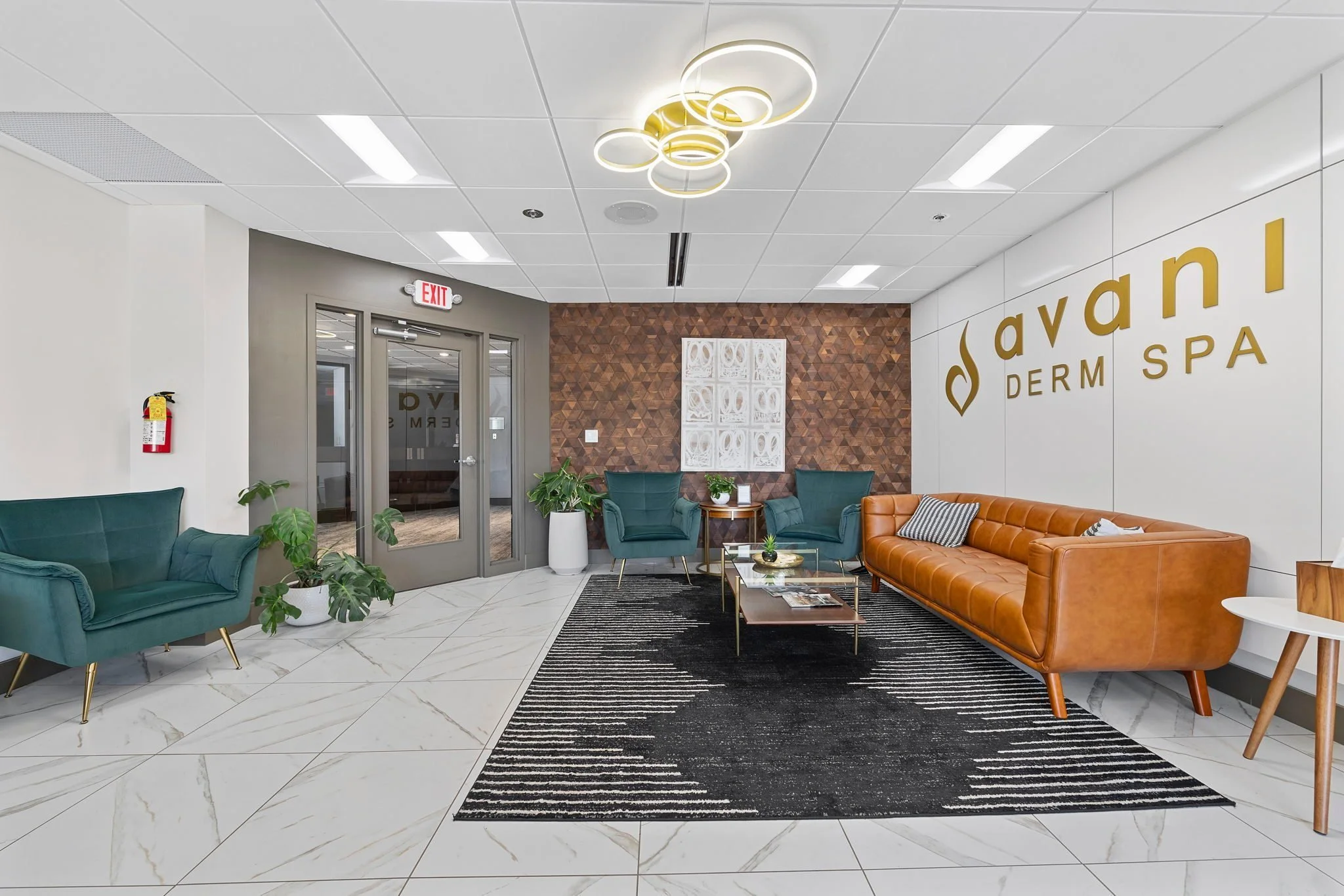 Waiting lounge with leather and teal seating