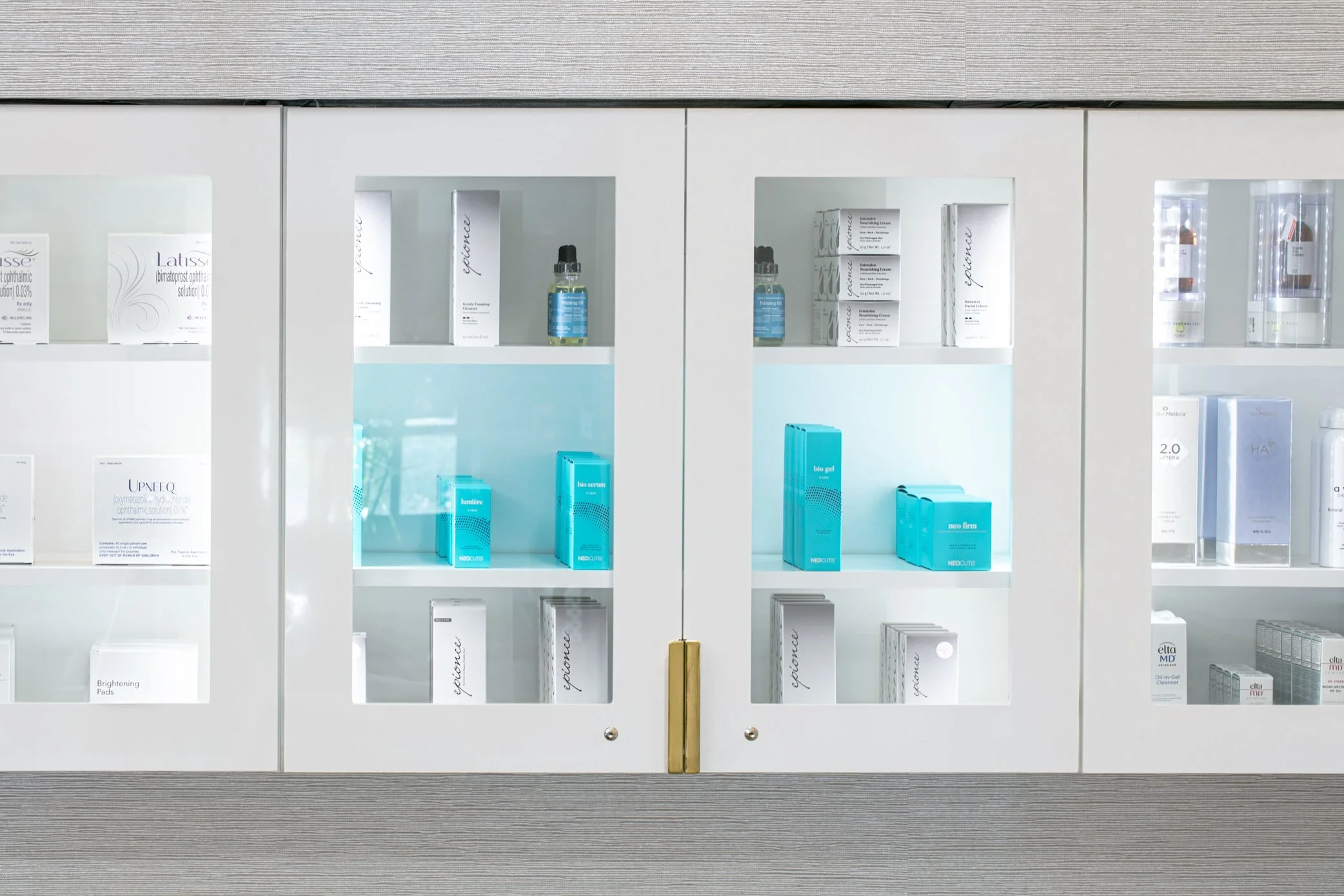 Built-in glass-front product display cabinets