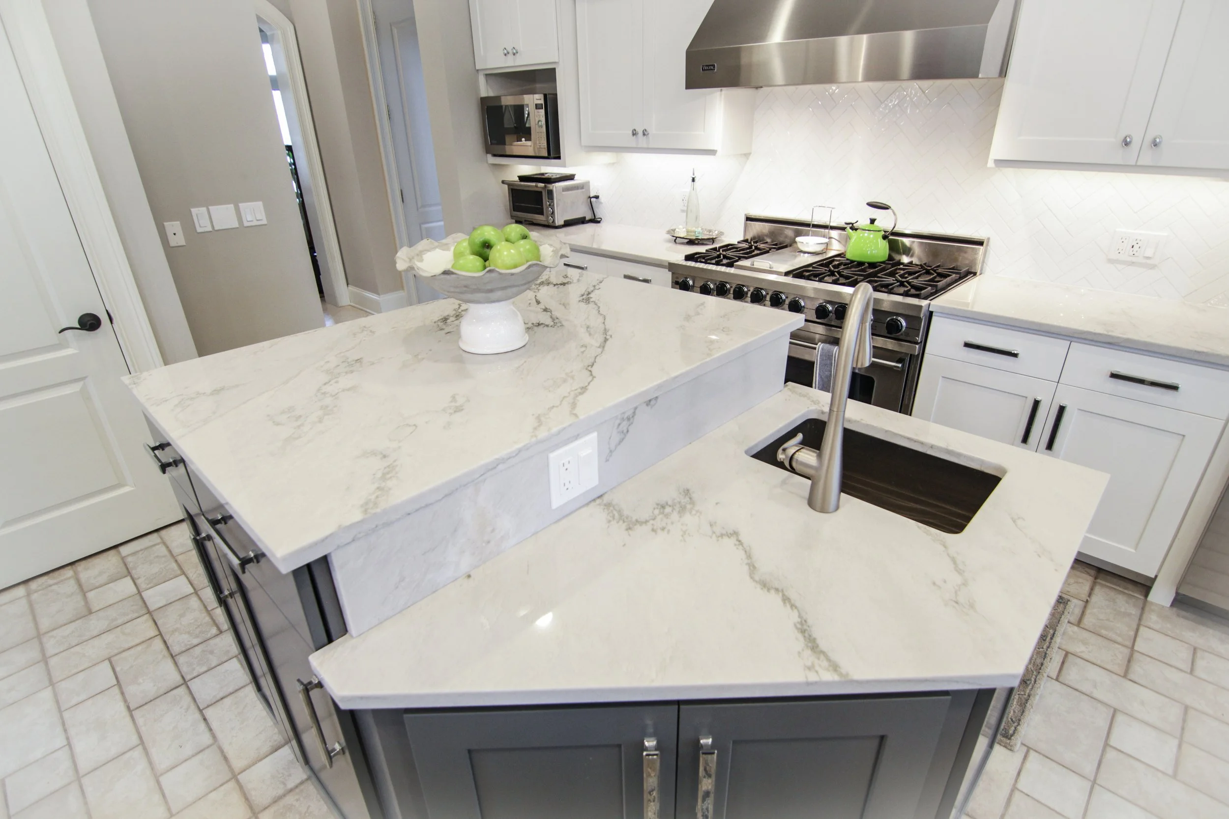 Kitchen island with marble-look quartz