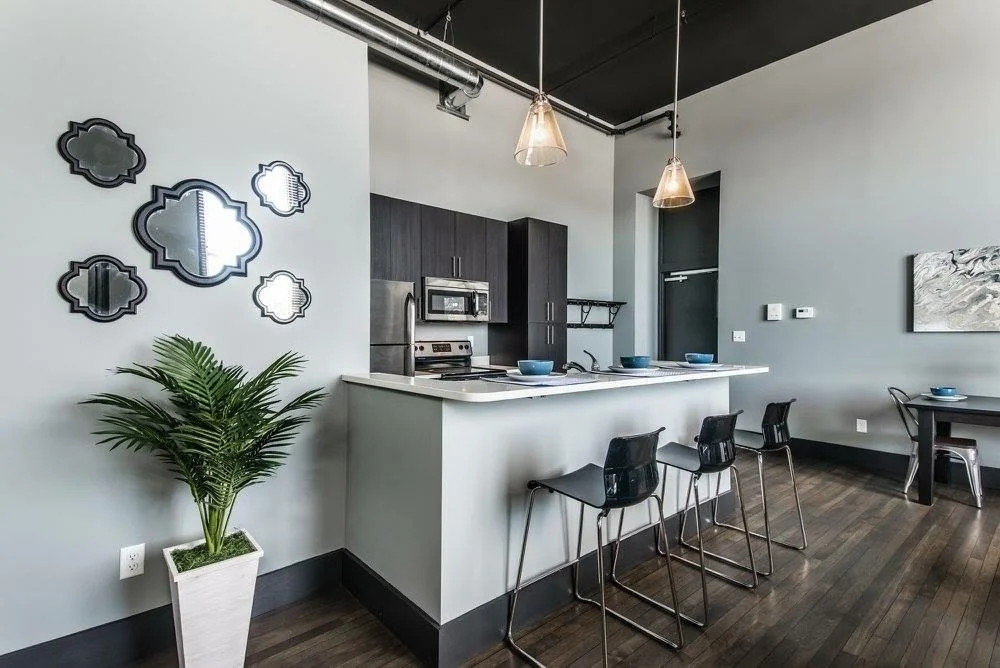 Loft kitchen with a white island