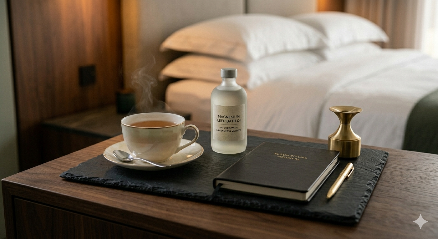 Una mesa de noche con taza de té, un frasco de aceite para dormir, un libro negro, una pluma dorada y un objeto dorado en forma de vaso pequeño, con una cama con sábanas blancas en el fondo.