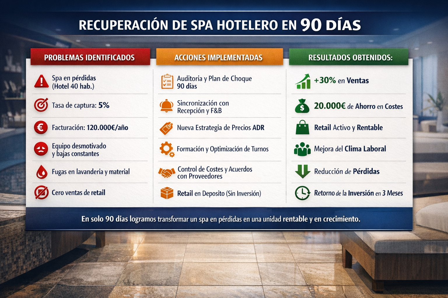 Panel de estrategia para la recuperación de un spa hotelero en 90 días, mostrando problemas identificados, acciones implementadas y resultados obtenidos.