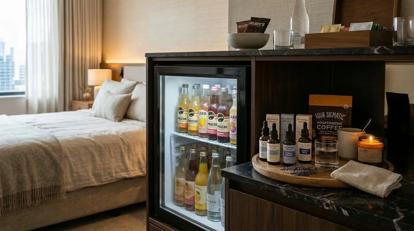 Habitación de hotel con cama, mesita de noche con lámpara, y mesa con productos de bienestar, botellas de bebidas, toallas y vela.