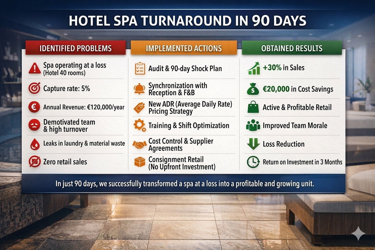 A detailed infographic titled 'Hotel Spa Turnaround in 90 Days' displaying problems identified, actions implemented, and results achieved. Problems include spa operating at a loss, 5% capture rate, €120,000 annual revenue, high turnover, laundry leaks, and zero retail sales. Actions include auditing, synchronization of reception and food and beverage, new pricing strategy, staff training, supplier agreements, and retail without investment. Results show a 30% sales increase, €20,000 cost savings, active retail, improved morale, loss reduction, and a 3-month investment return.