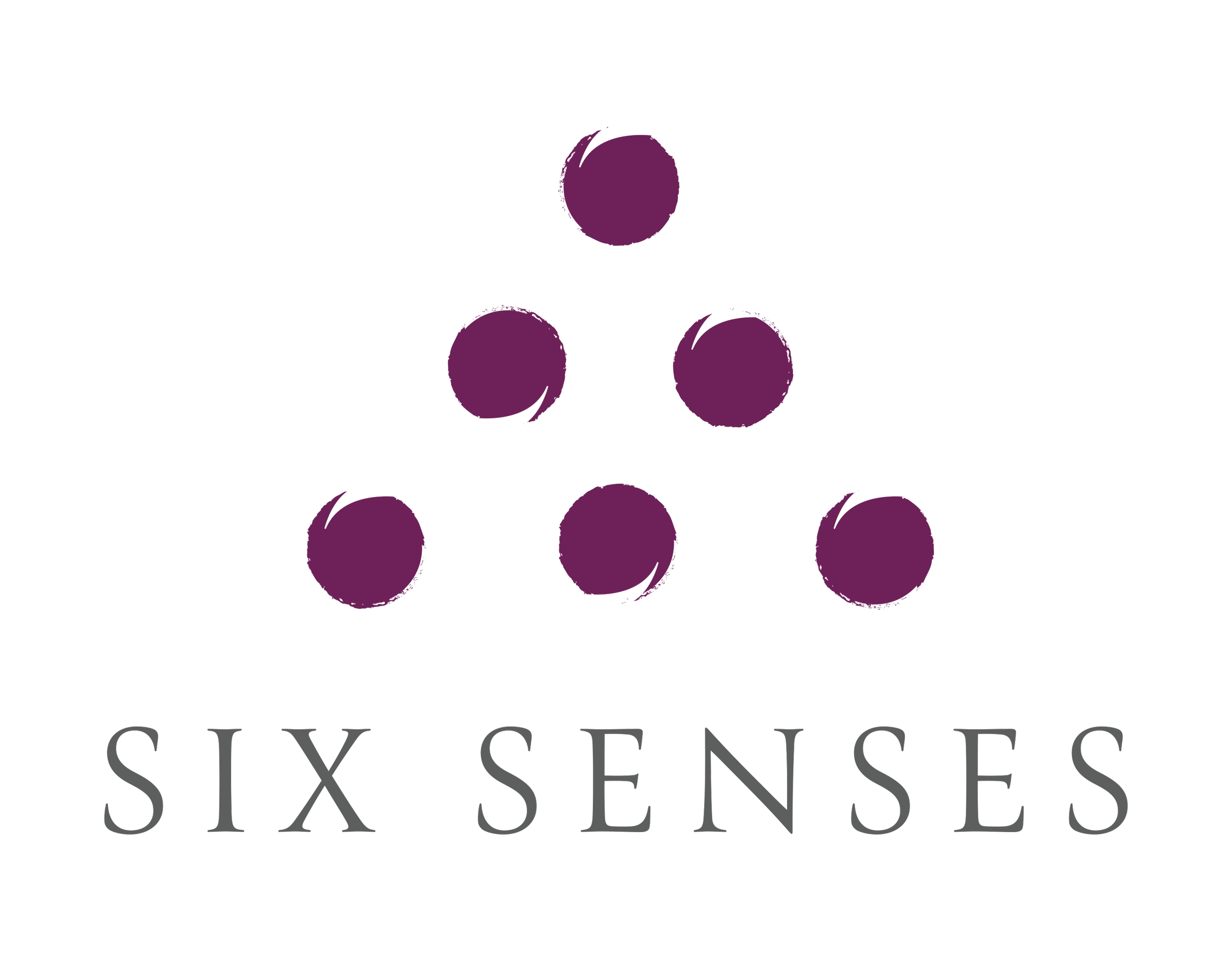 Logotipo con seis círculos morados en forma de pirámide invertida y el texto 'SIX SENSES' debajo en letras grises sobre fondo negro.