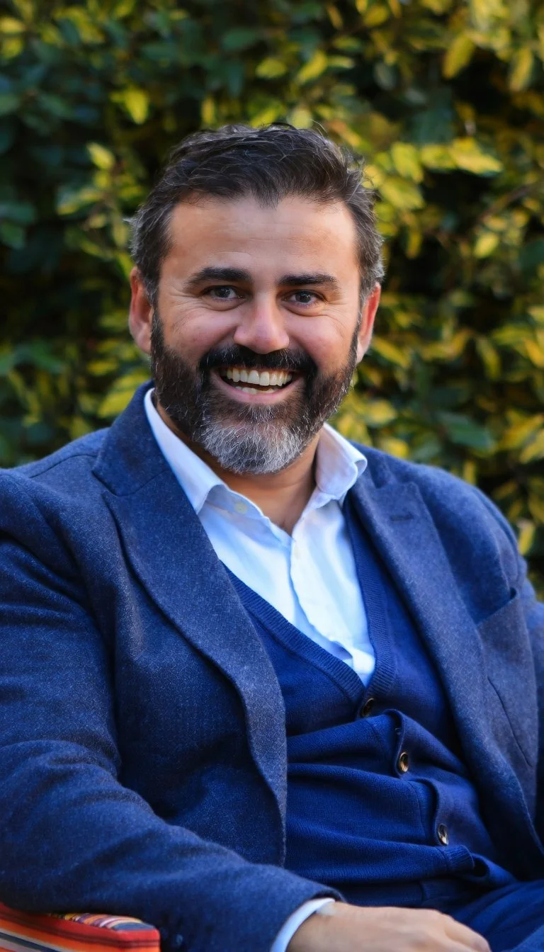 Retrato de un hombre sonriendo, con barba y cabello oscuro, usando chaqueta azul, camisa blanca y suéter azul oscuro, con fondo de follaje verde.