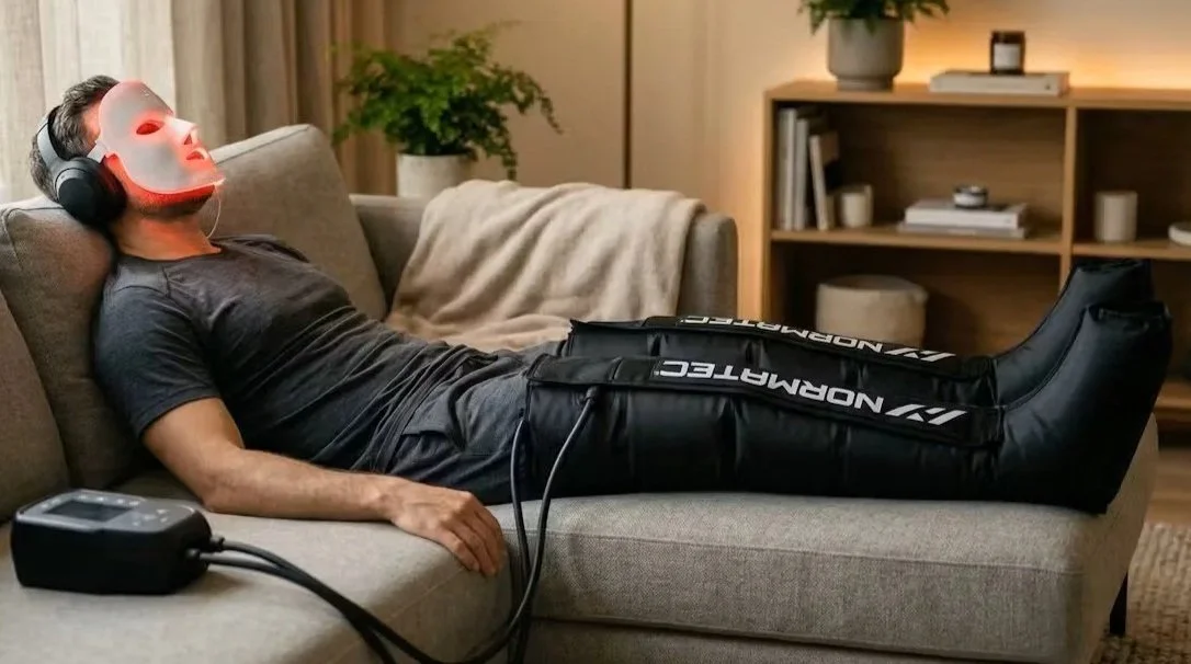 Persona acostada en un sofá con máscara de látex, auriculares grandes y un traje de realidad virtual, con un dispositivo conectado en la mano, en un ambiente moderno con estantería y plantas.