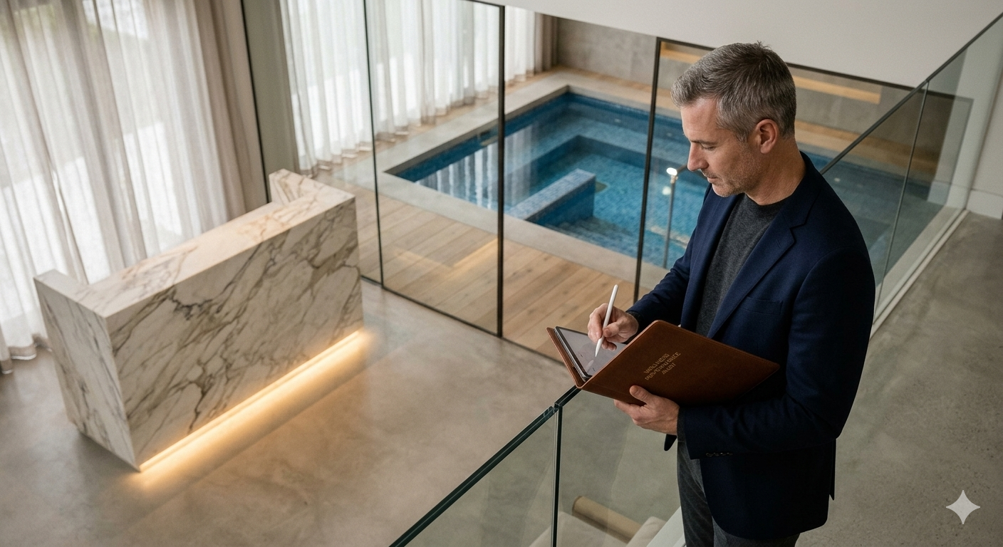 Hombre con chaqueta azul escribiendo en una tableta, en una sala moderna con piscina y cortinas blancas.