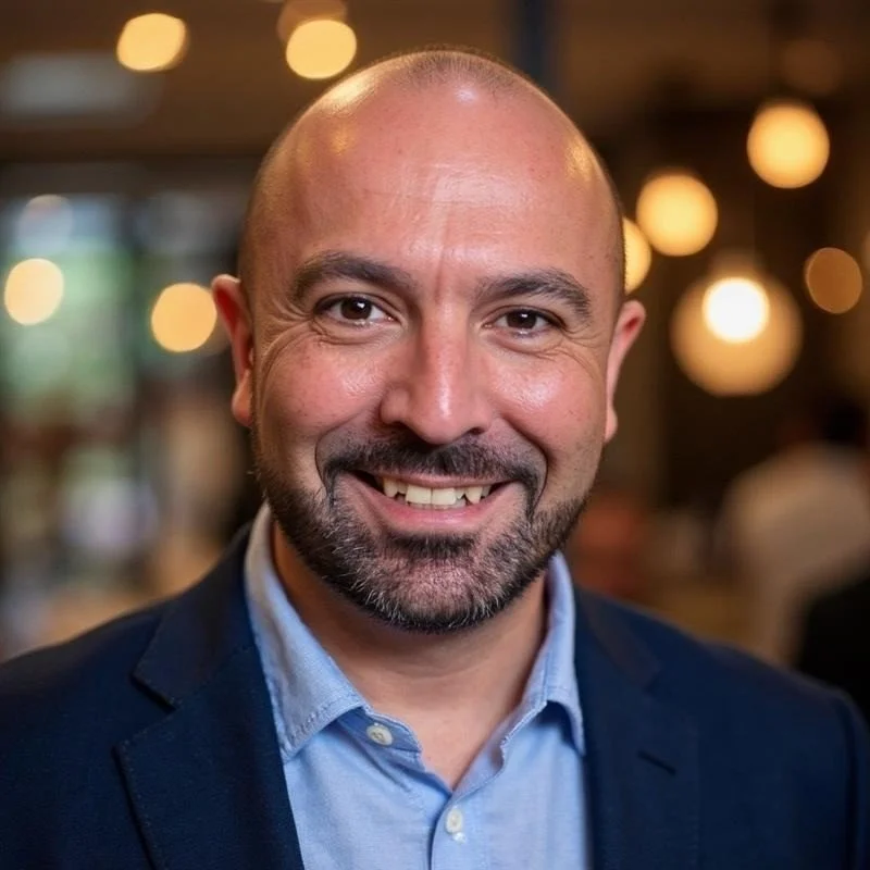 Hombre sonriendo, con barba y piel morena, vestido con chaqueta y camisa azul, en un lugar con iluminación cálida y fondo difuso.