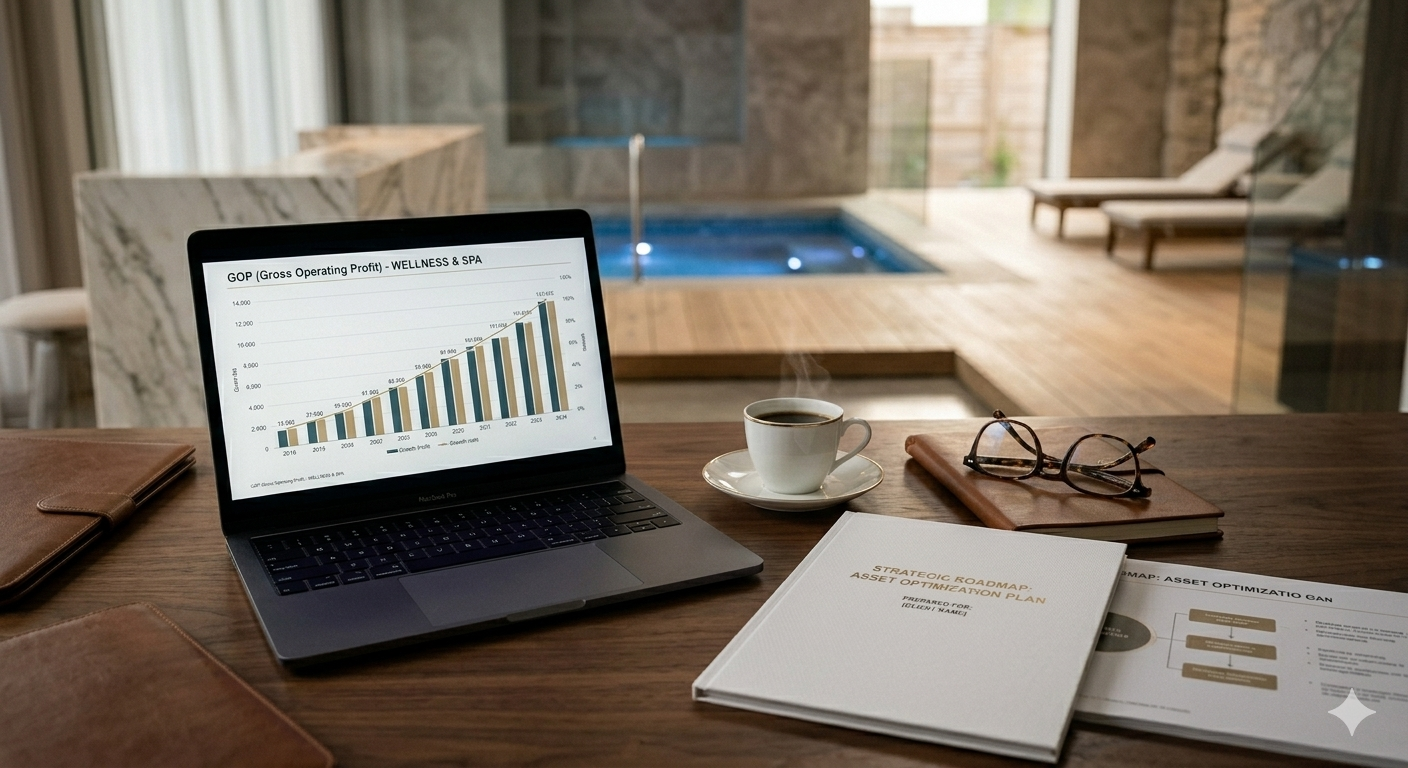 Estudio en una mesa de madera con una laptop mostrando un gráfico de ganancias, un cuaderno, un libro titulado 'Plan estratégico de optimización de activos', unas gafas, un cuaderno grande y una taza de café caliente. En el fondo, una sala con una piscina y tumbonas.