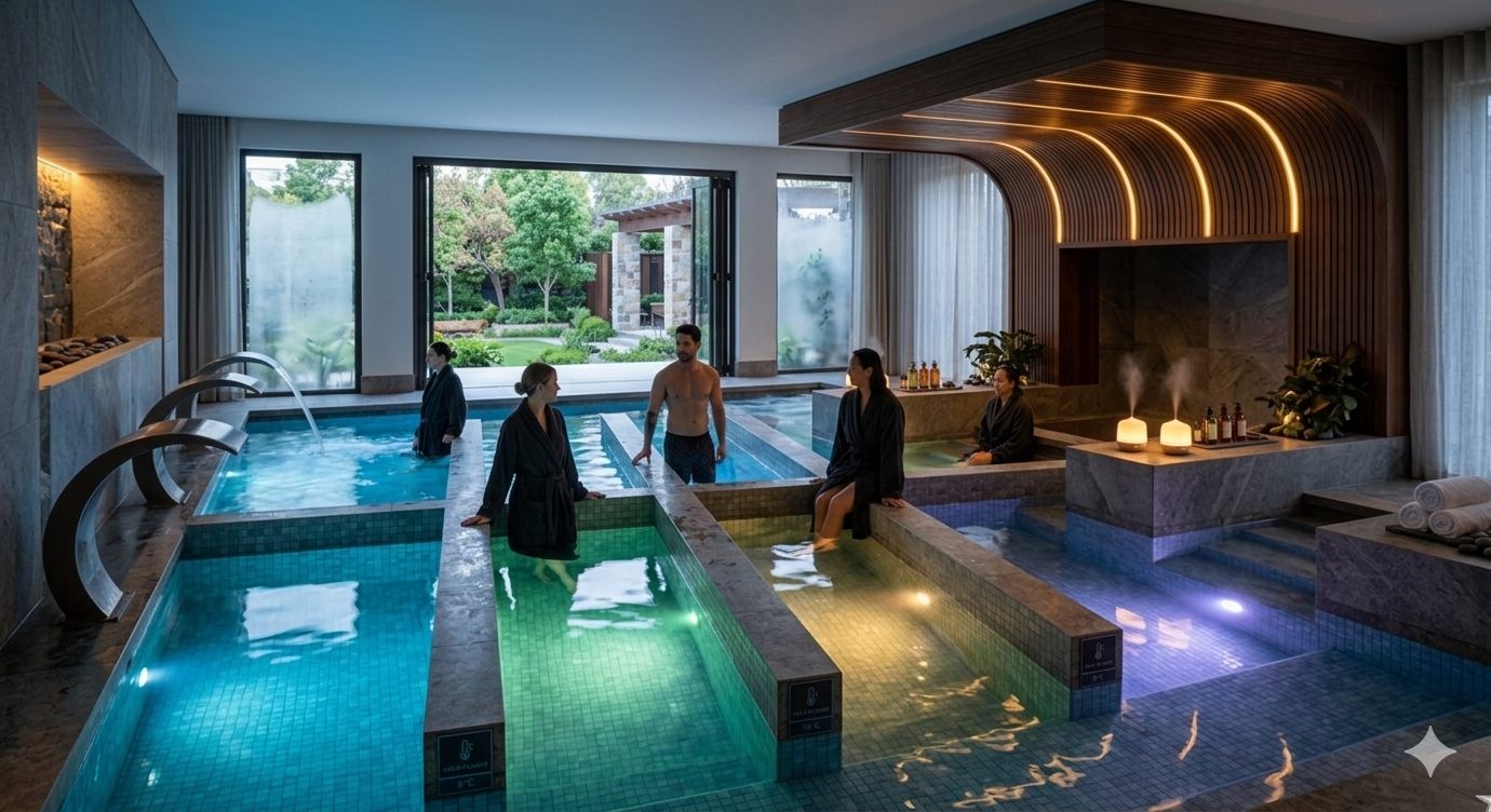 Indoor spa with multiple hot and cold pools, people relaxing in robes, and a view of a garden through large open windows.