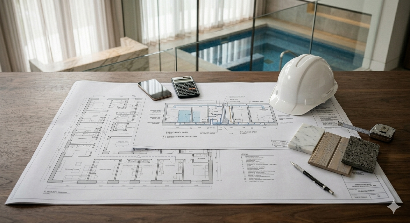 Mesa de trabajo con planos arquitectónicos, una casco de seguridad, una cinta métrica, un bolígrafo, una calculadora, un teléfono móvil, muestras de diferentes materiales para construcción y una piscina en el fondo.