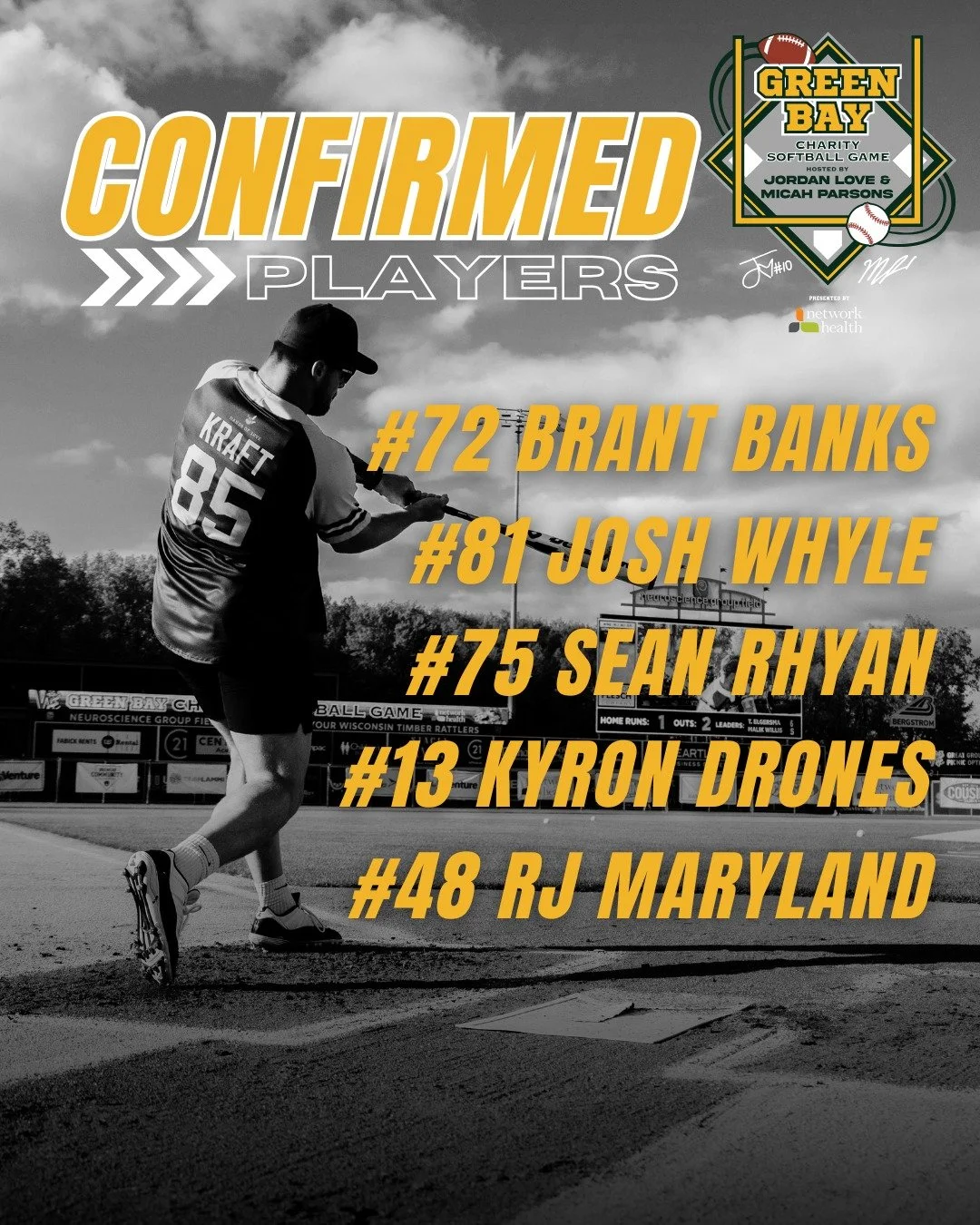 More names added to the roster for Friday night:

#74 Brant Banks
#81 Josh Whyle
#42 Trey Smack
#75 Sean Rhyan
#1 Kyron Drones
#11 RJ Maryland

See you at the ballpark! 🥎