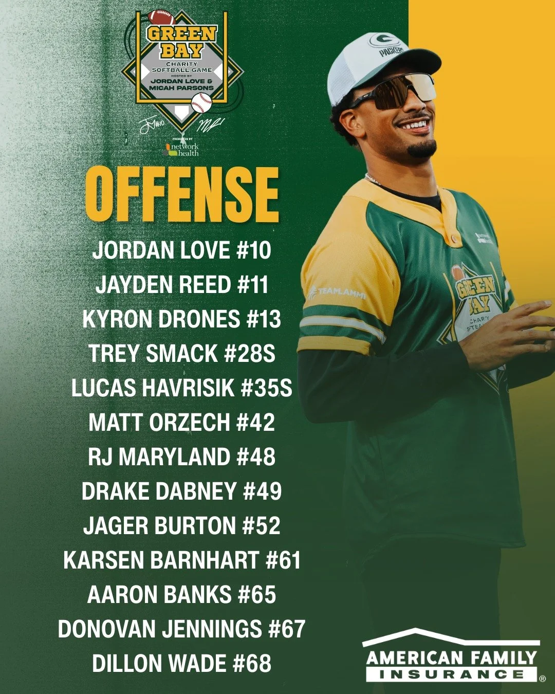 The offense is ready to put on a show tomorrow! 🔥🥎

Jordan Love has the bats ready to go. Here is how the squad is shaping up for now, with more potential players still to come:

Lineup:
Jordan Love #10
Jayden Reed #11
Kyron Drones #13
Trey Smack #