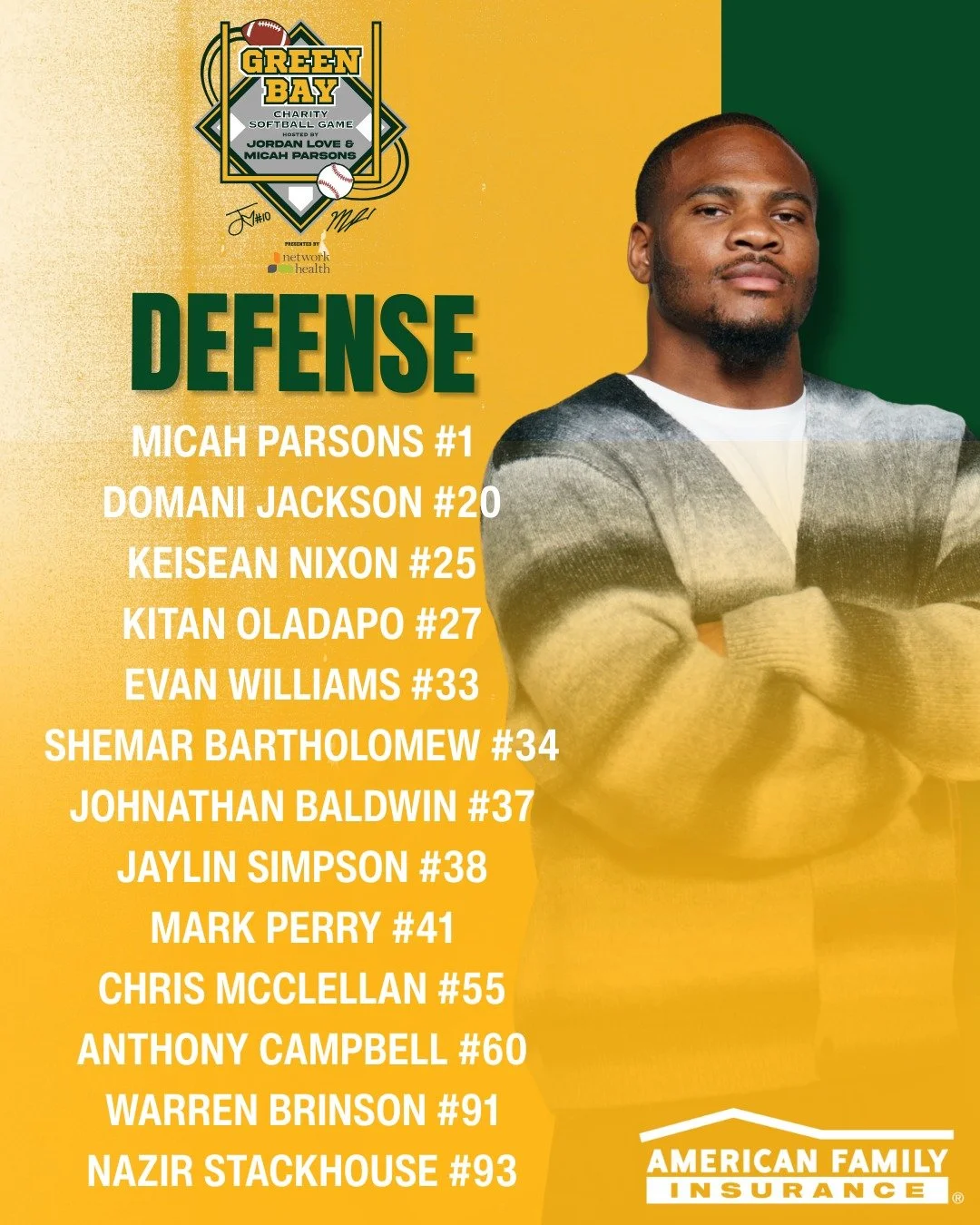 The defense is locked in for tomorrow! 🔒🥎

Micah Parsons is leading a stacked squad. Here is our confirmed roster for now, with more potential players still to come:

Lineup:
Micah Parsons #1
Domani Jackson #20
Keisean Nixon #25
Kitan Oladapo #27
E