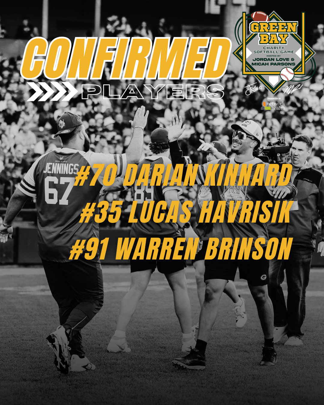 Black-and-white photo of football players and staff celebrating on the field, with bold yellow text announcing confirmed players for the Green Bay charity softball game.