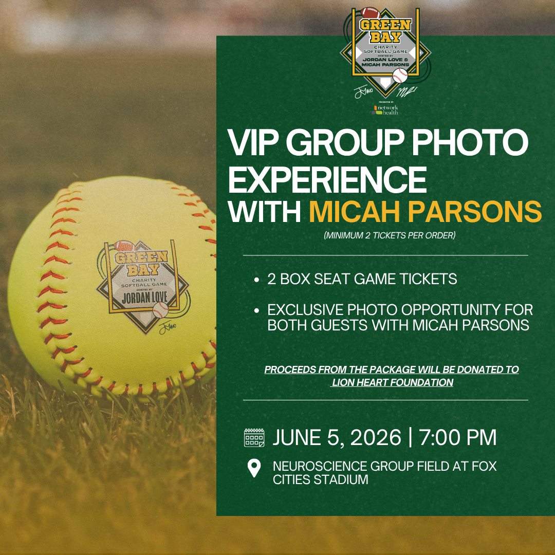 Promotional flyer for a VIP group photo experience with Micah Parsons at Green Bay charity softball game, featuring a softball with the event logo on the left and event details on the right, including date, time, location, and ticket information.