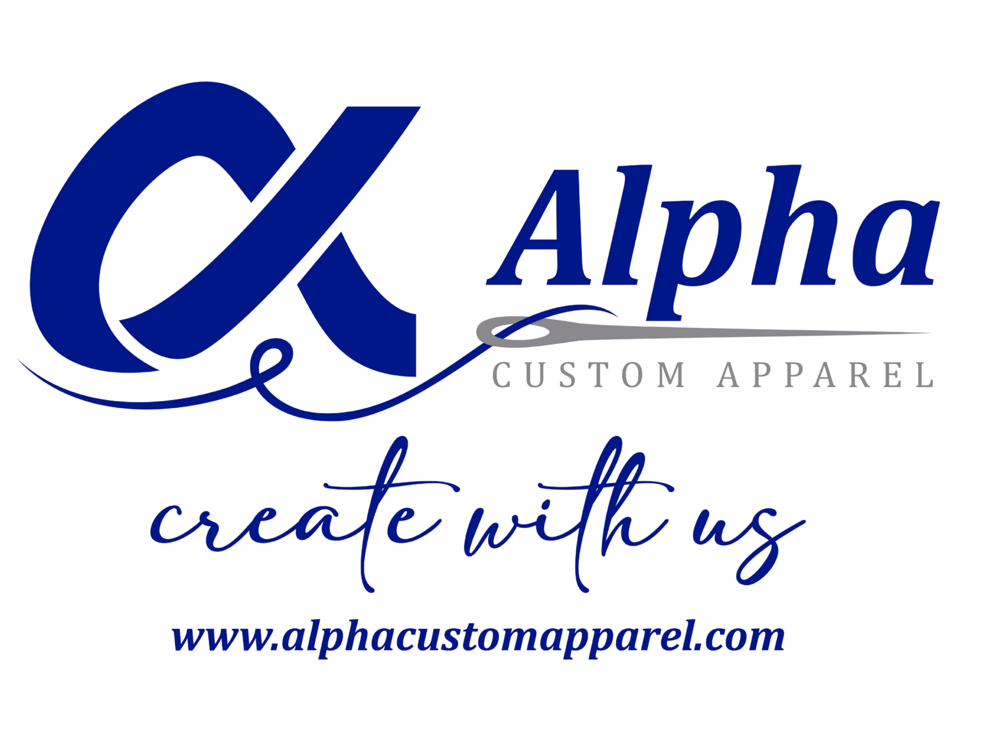 Alphacustomapparel.com logo with text: 'Create with us' and 'Custom apparel' in a stylish font.