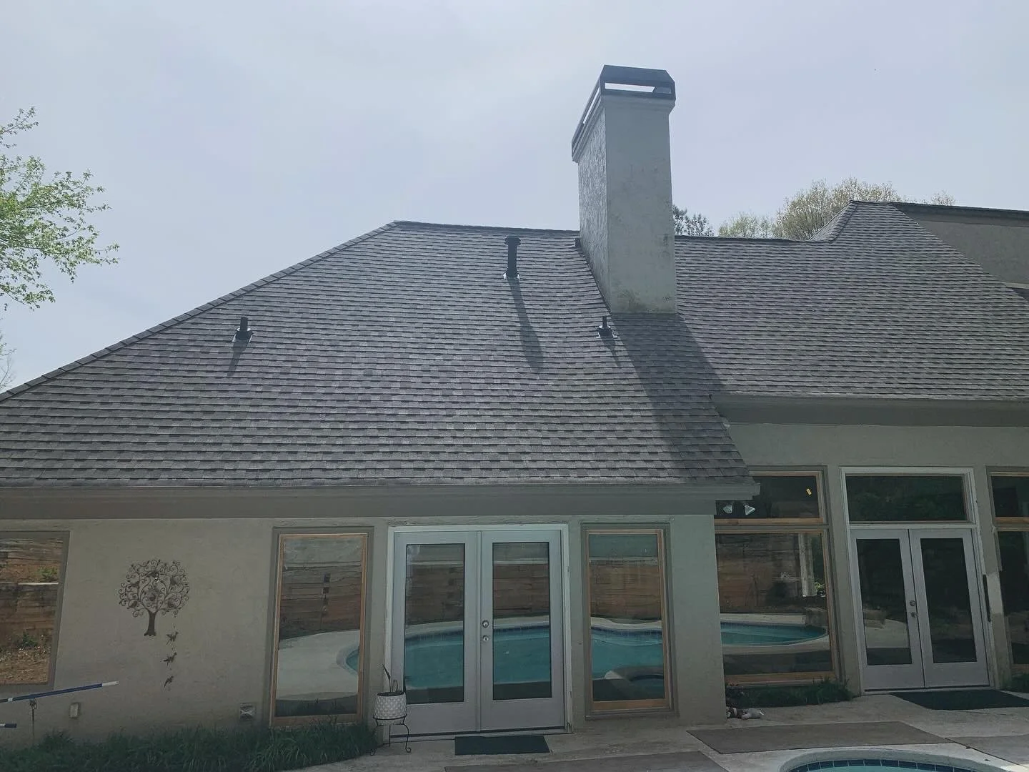 Backyard view of a house showing a sloped roof with a chimney, windows, sliding glass doors, a small pool, and a decorative wall art of a tree with birds