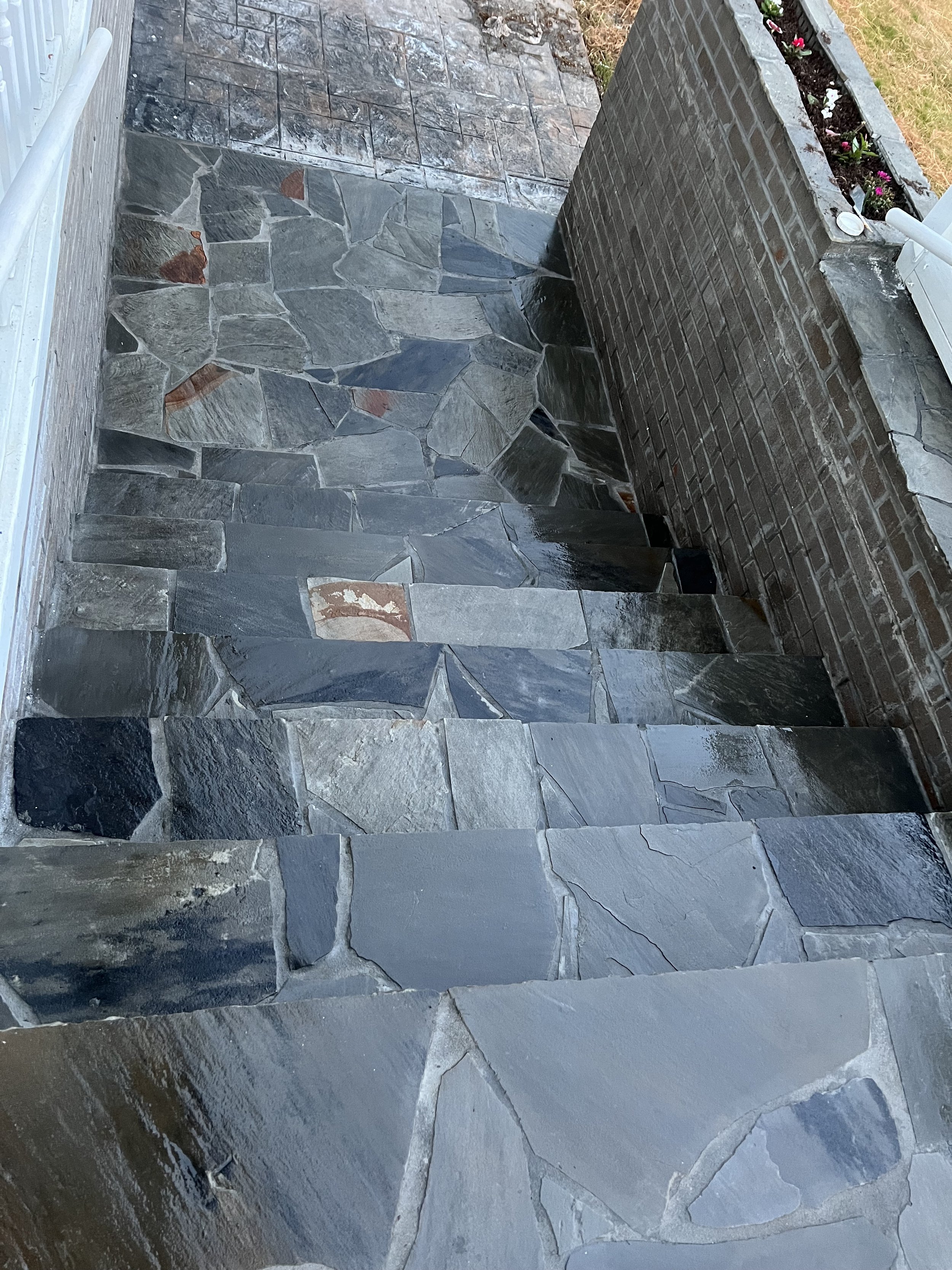 Stone steps leading downwards, adjacent to a brick wall and an area with grass and flowers.