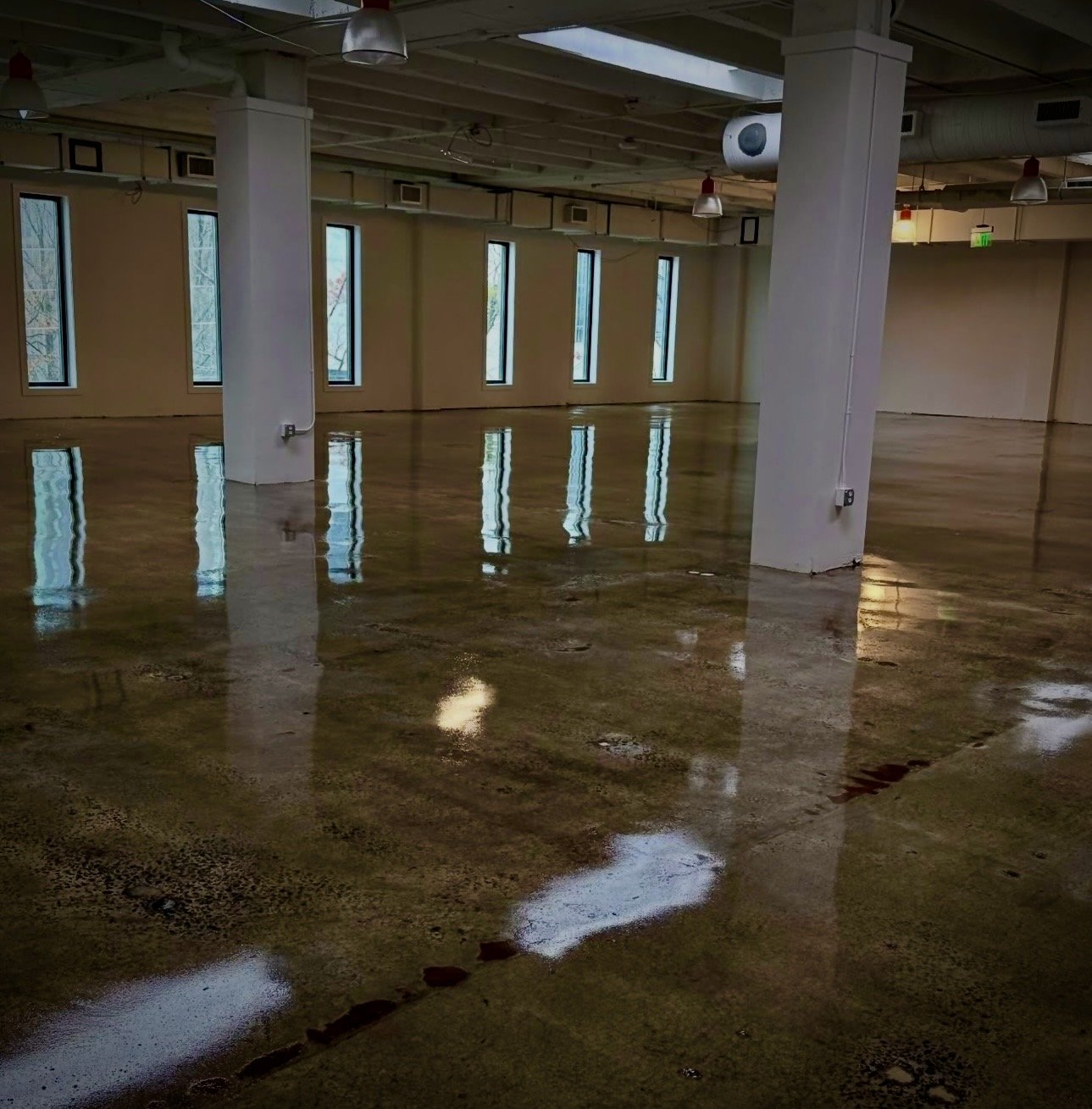 Empty indoor space with polished concrete floor reflecting windows, walls, and ceiling lights.