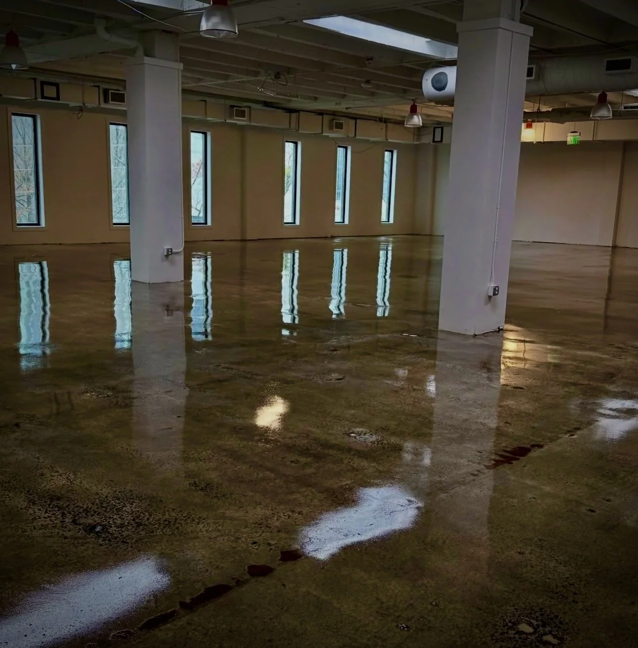 Empty indoor space with a wet polished concrete floor, white pillars, and tall narrow windows allowing natural light; ceiling with industrial ductwork and hanging light fixtures.