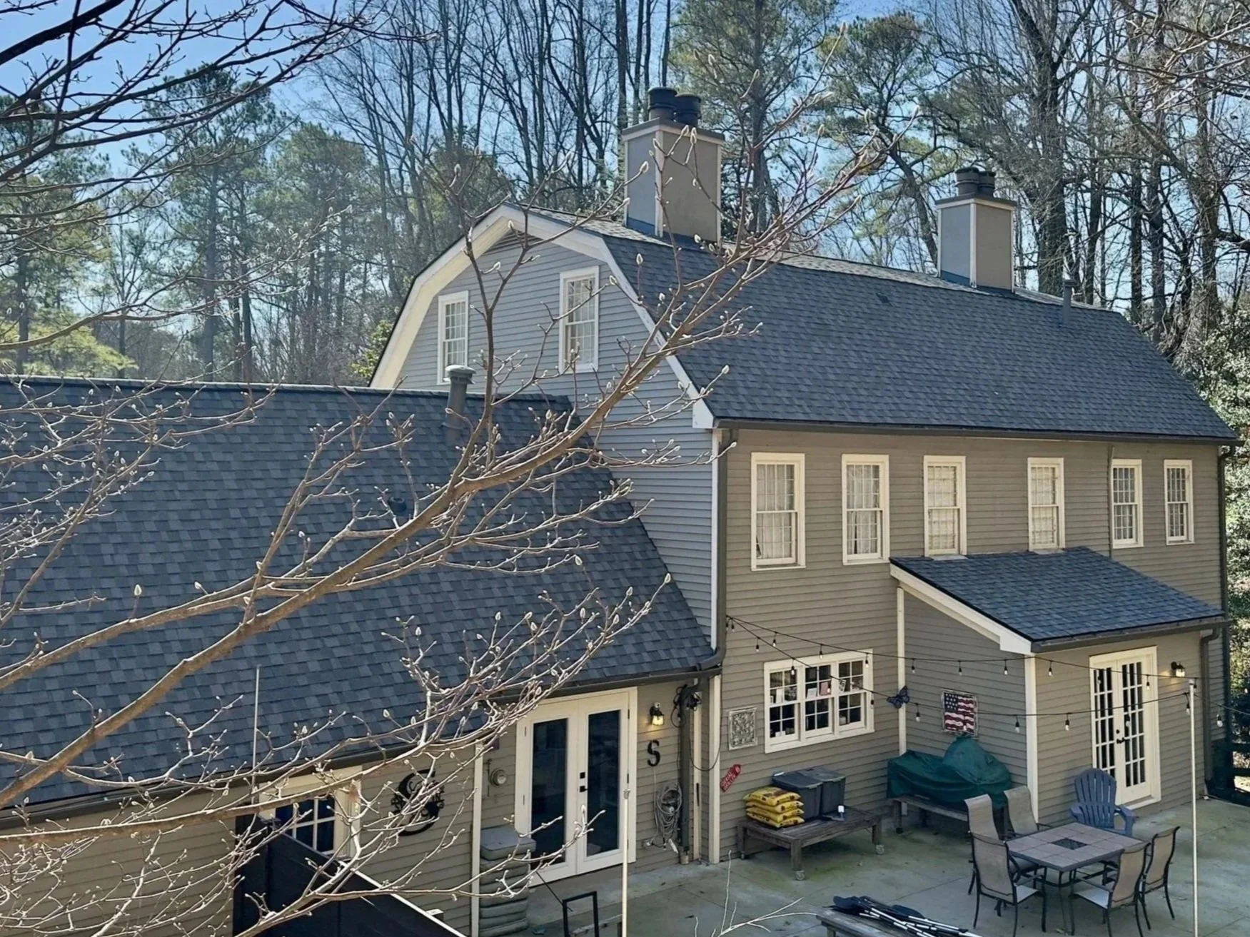 Steep pitch roof, Certainteed Landmark Pro, high wind resistance, beautiful farmhouse style, synthetic, perma boots, drip edge, Sandy Springs,  three story, steep roof, Weathered wood, Charcoal, Pewter Grey,