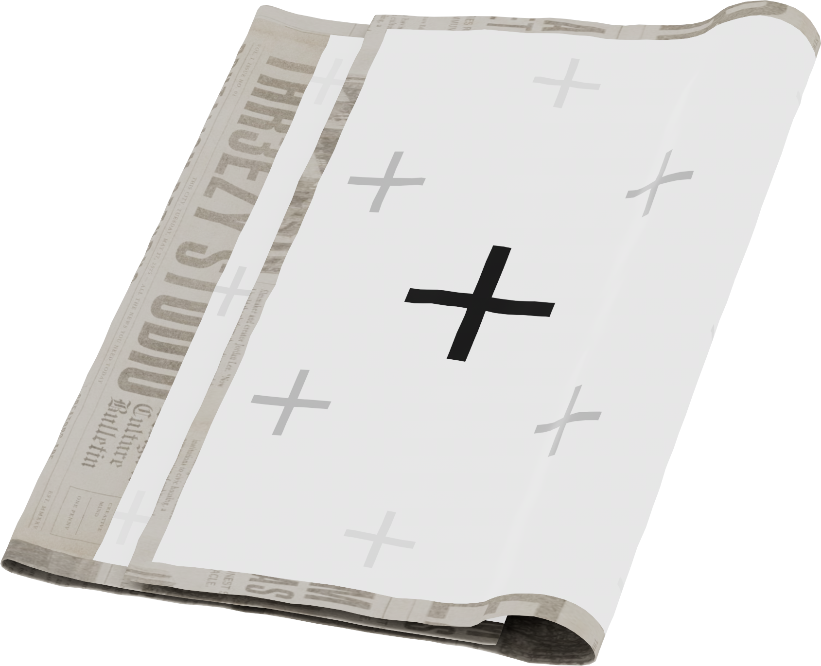 A newspaper with a large black cross in the center and multiple smaller gray crosses across the page.