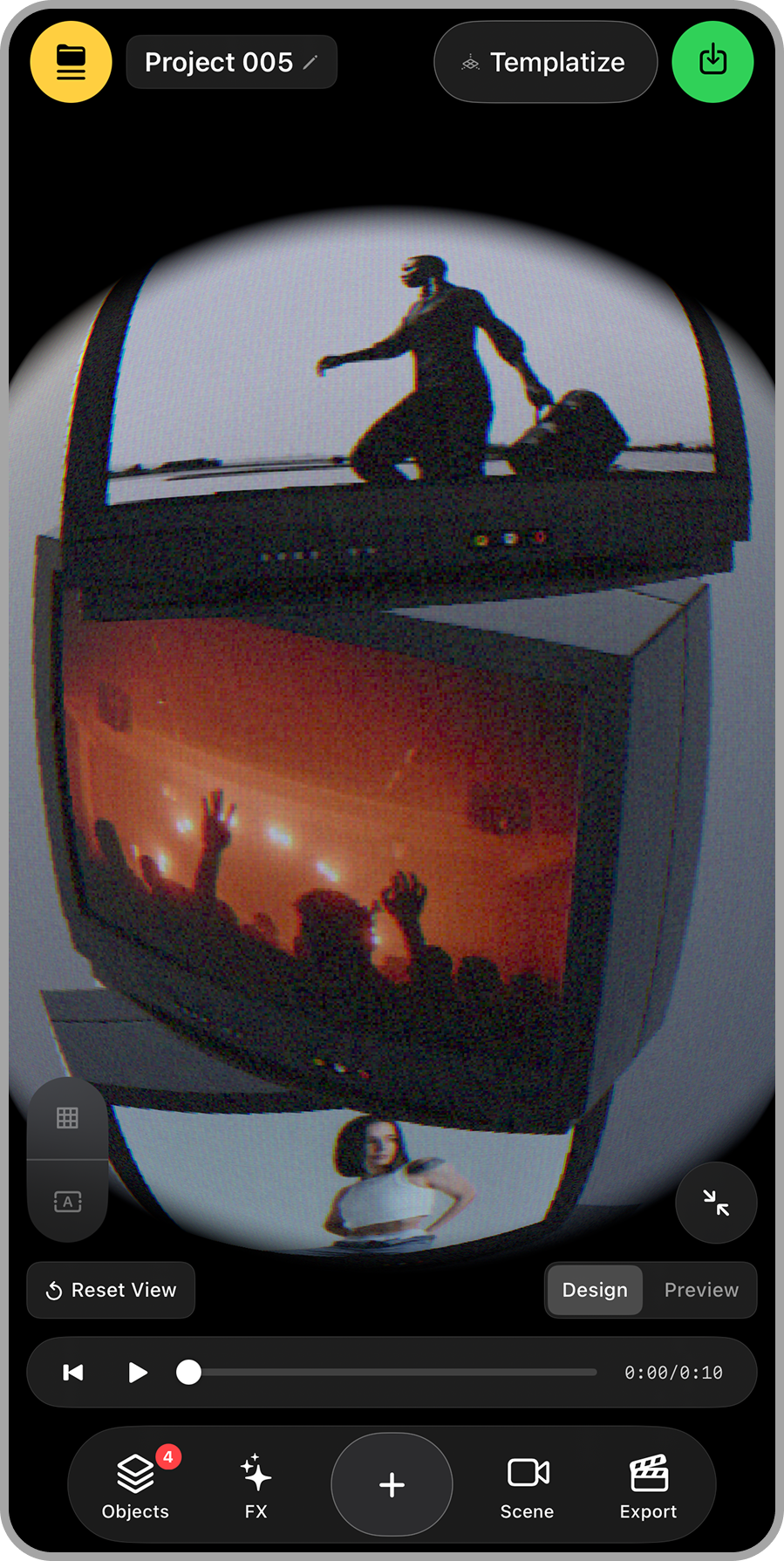Reflection of a person taking a selfie in a fisheye mirror, with silhouettes of others at a concert or party behind them, and a person kneeling on a skateboard.