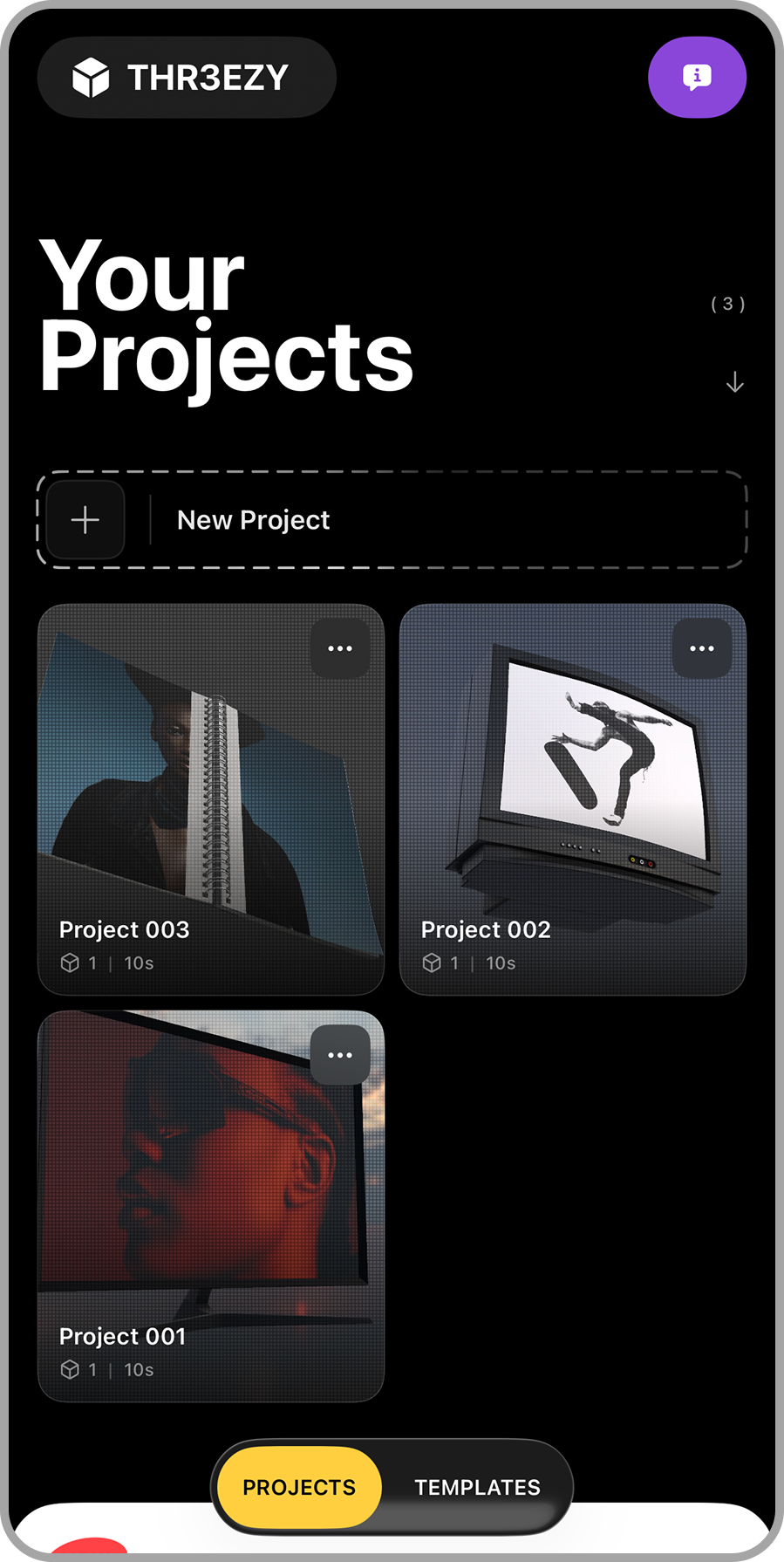 Mobile app screen showing user projects interface with three projects titled Project 001, Project 002, and Project 003. The screen has a black background with white text, a purple info icon in the upper right corner, and a yellow 'PROJECTS' button at the bottom.