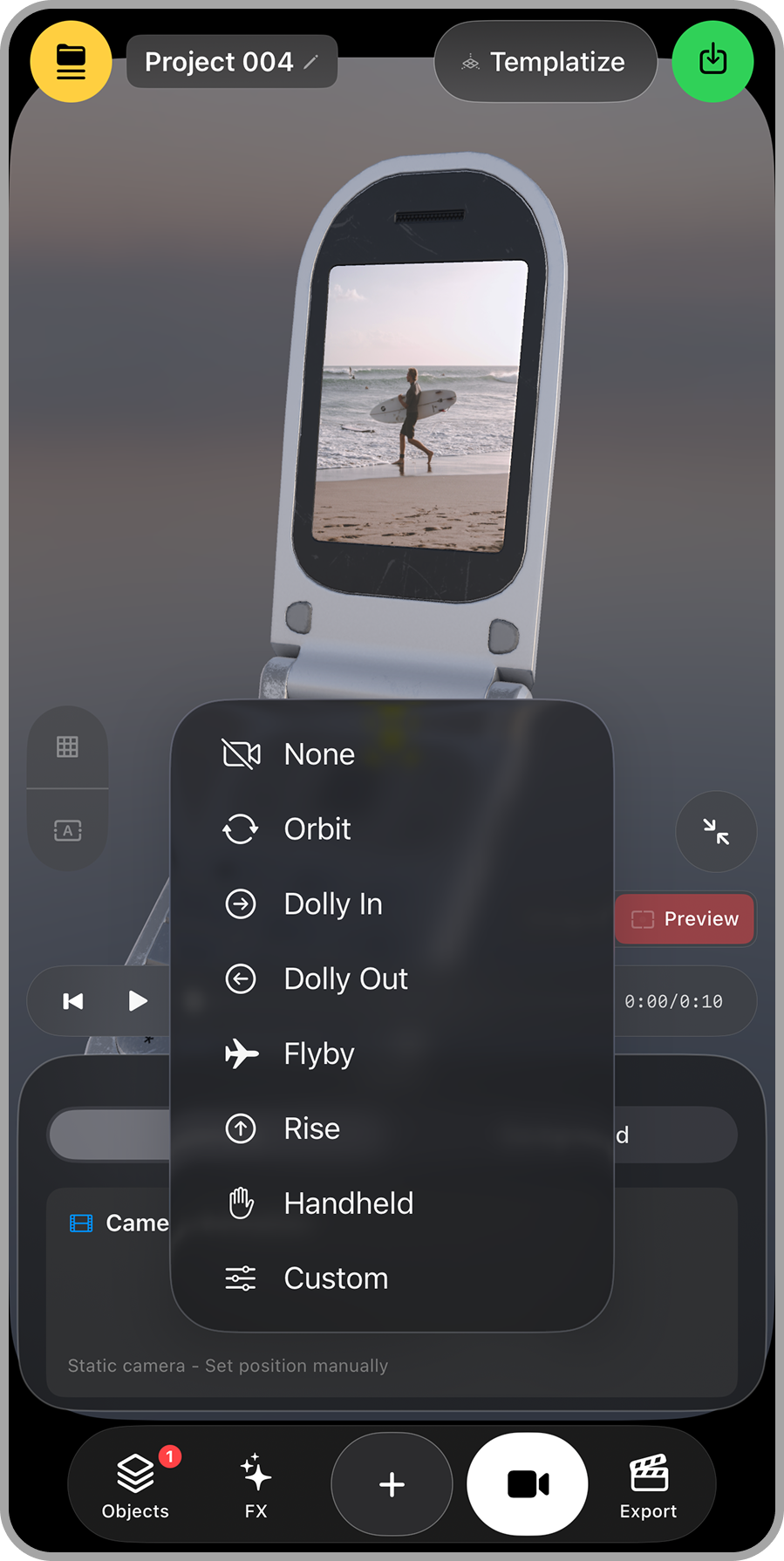 Smartphone screen displays a video editing app with options for camera movements, showing a person walking on the beach holding a surfboard, ocean in the background.