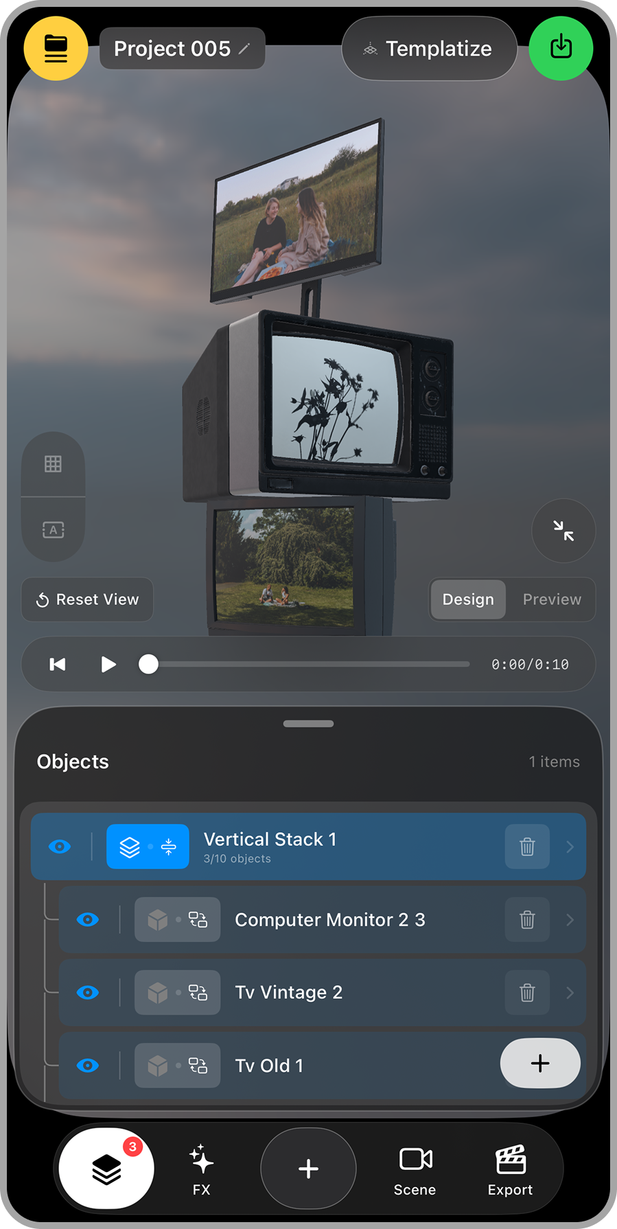 A graphic editing interface showing a three-screen setup with videos and images, including a scene of two women sitting outdoors, a vintage TV, a computer monitor, and a background of a cloudy sky.