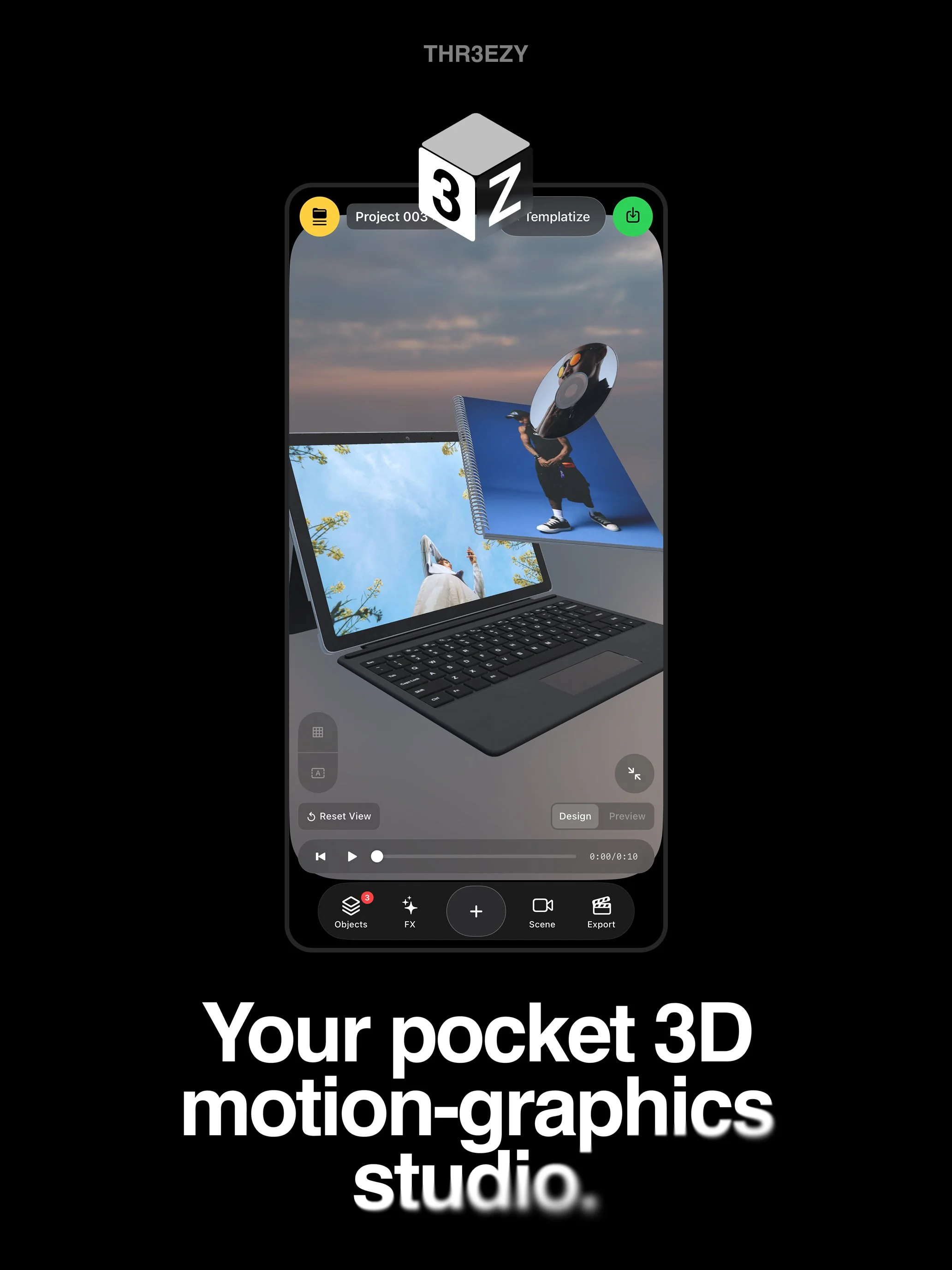 A smartphone screen displaying a 3D motion graphics studio app, with tools and options, and a background image of a person in a black shirt and sneakers standing next to a blue spiral notebook. The screen shows the text "Your pocket 3D motion-graphics studio.".