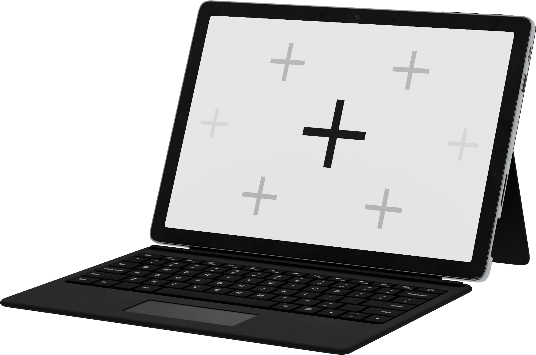 A 2-in-1 laptop with a detachable screen showing a placeholder for a touchscreen, connected to a physical keyboard, on a striped surface.