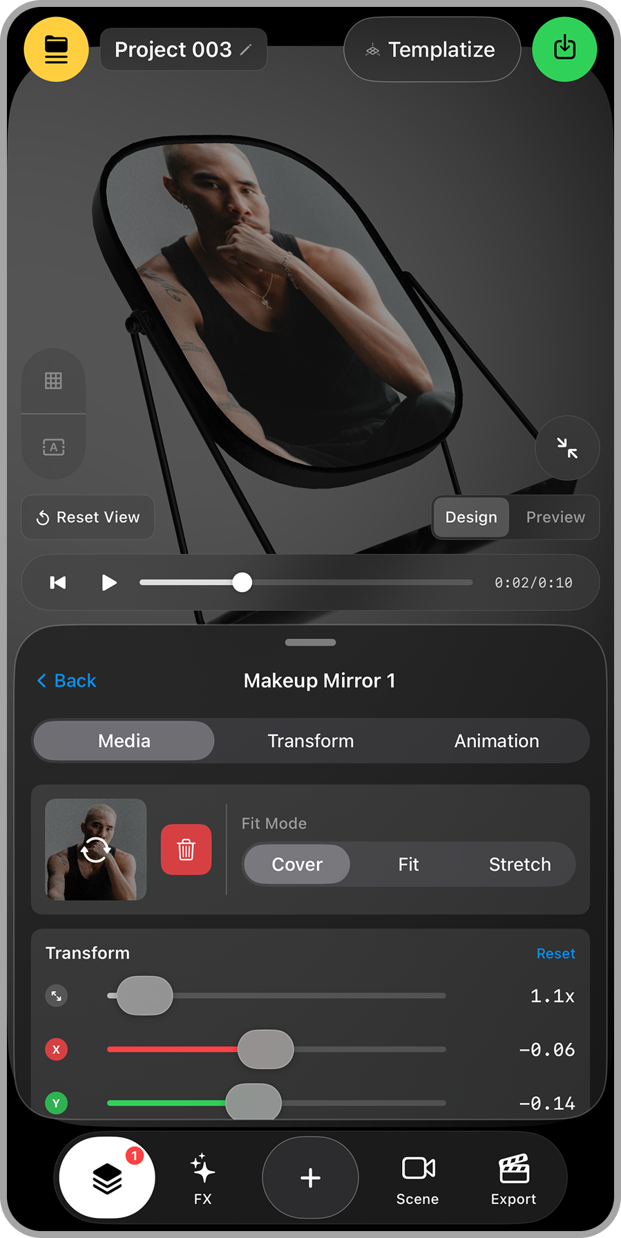 A smartphone screen displaying a photo editing application with a photo of a person in a black tank top, holding their hand near their face, within a circular frame labeled 'Makeup Mirror 1'. The interface shows media, transform, and animation options, with sliders for adjusting transformations. The top of the screen has project and template options, and a green icon for saving or exporting.