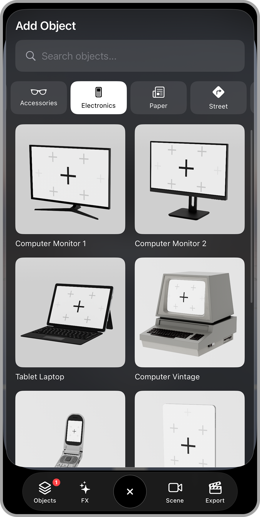 A smartphone screen showing a user interface for adding electronic objects, with options for various types of electronics such as computer monitors, laptops, vintage computers, and mobile phones.