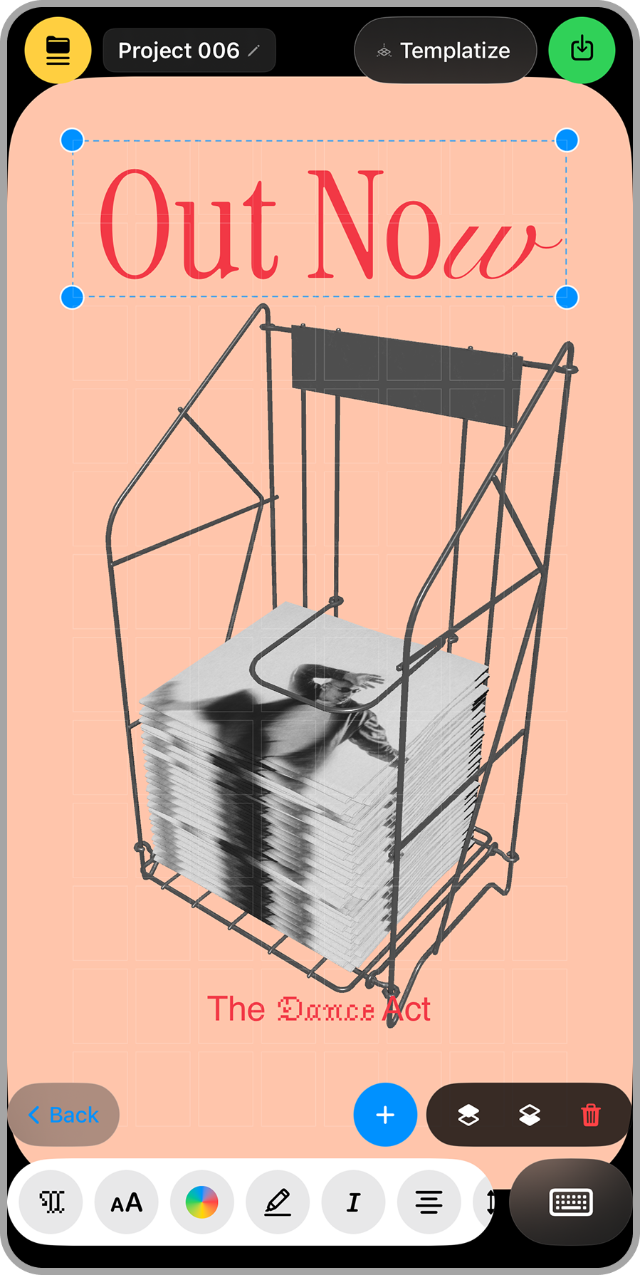 A graphic design of a shopping cart filled with a large stack of black-and-white photographs or magazine pages, with a cover photo of a man with dreadlocks. The cart is on a peach-colored background, with red text reading 'Out Now' at the top and 'The Dance Act' at the bottom.